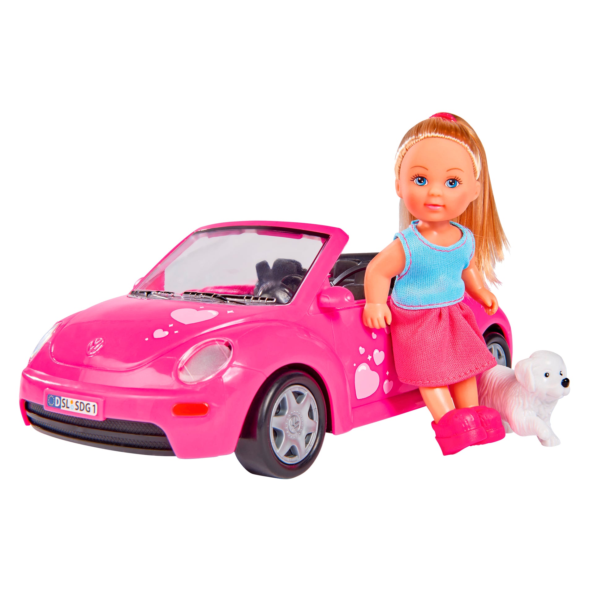 Evi sits on the door of a pink Beetle convertible with heart designs, wearing a blue top and pink skirt. A small white dog is beside her, making the Simba Dickie EL Evi's Beetle set great for imaginative play.