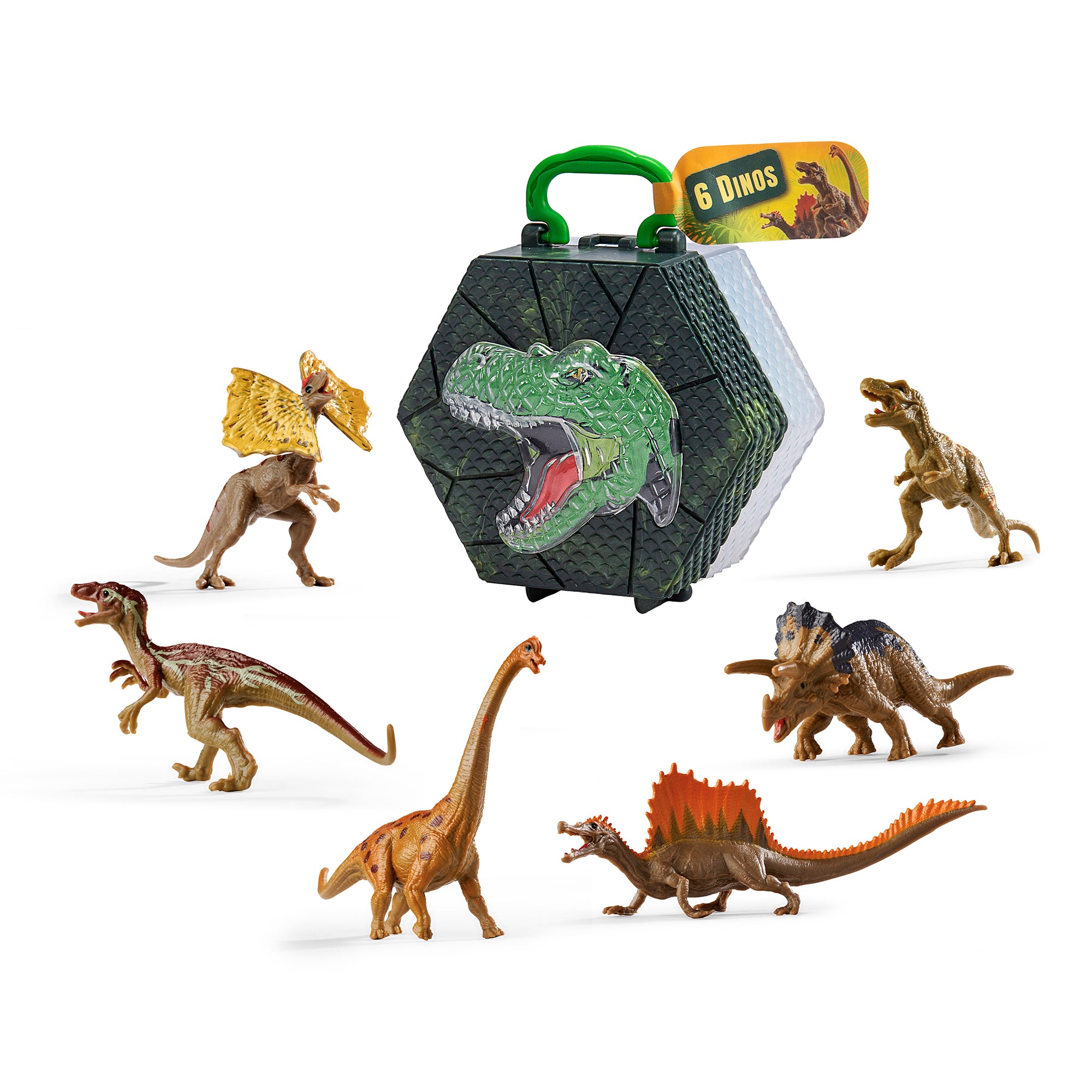 Six colorful Simba Dickie Dinosaurs mini figures are arranged around a hexagonal carry case with a green handle, showcasing a large T. rex and "6 DINOS" tag—ideal for travel play.