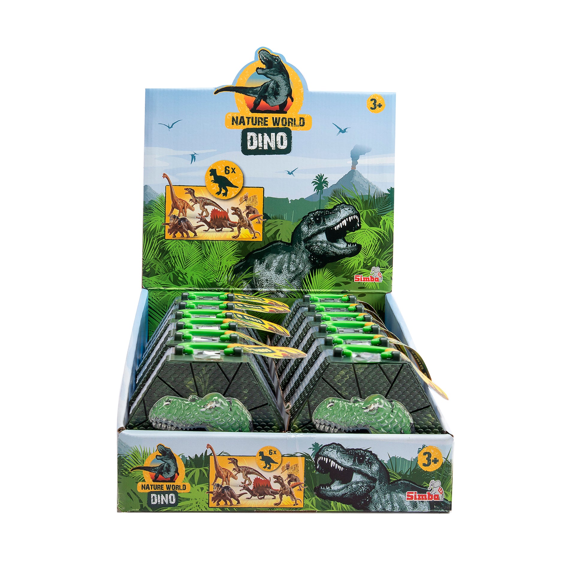 Display box of Simba Dickie Dinosaurs in Carry Case for ages 3+, featuring dinosaur illustrations, green packaging with dinosaur head design, and mini dinosaur figures ideal for travel play.