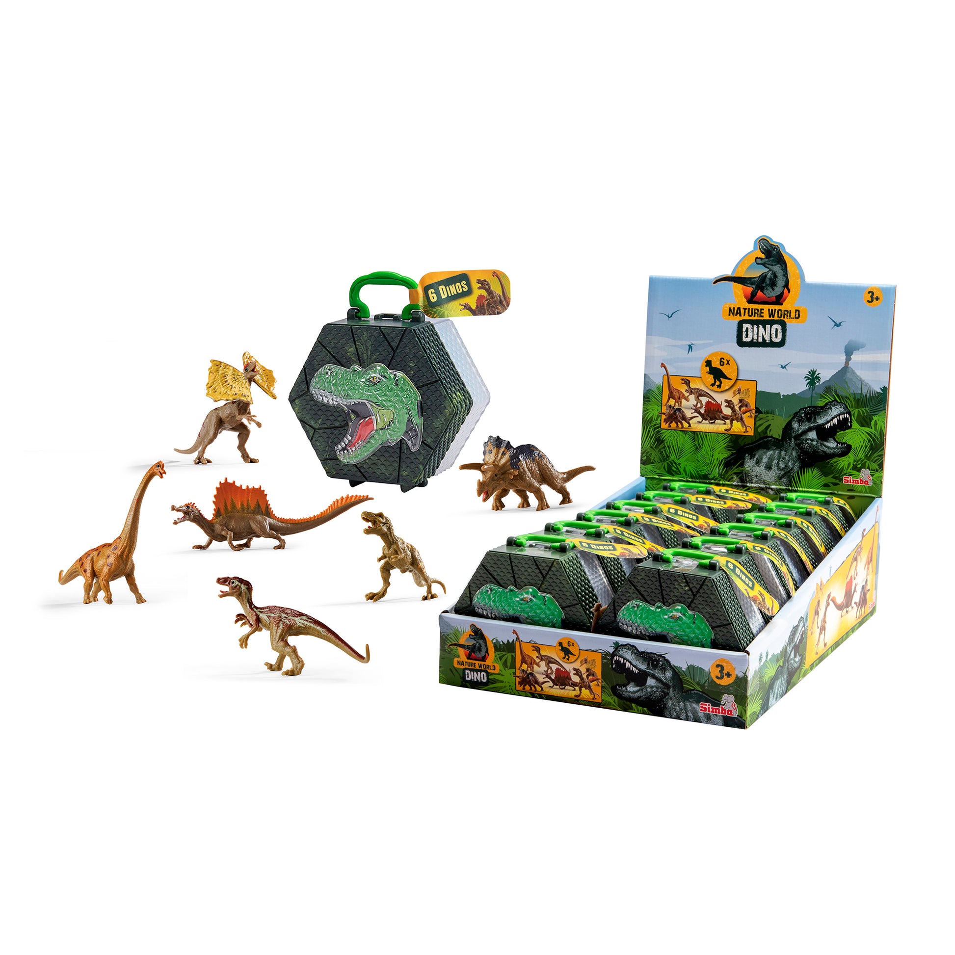 The Simba Dickie Dinosaurs in Carry Case features a display box with dinosaur illustrations and mini figures like T-Rex, triceratops, and stegosaurus. Ideal for travel play and suitable for children ages 3 and up.