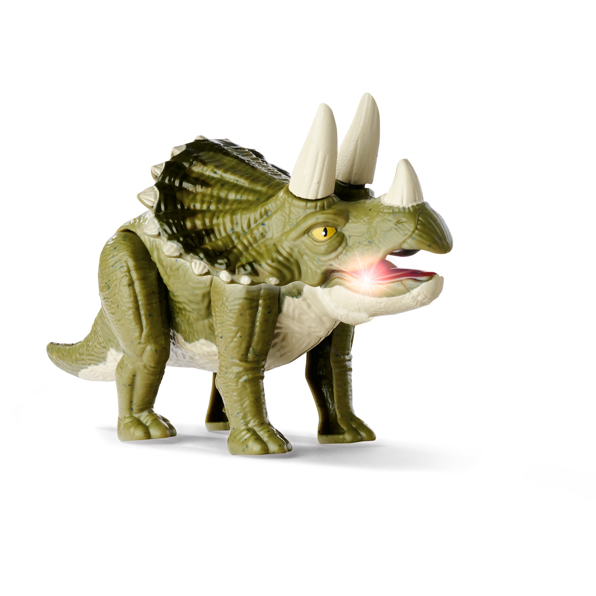 The Simba Dickie Light & Sound Dino Egg Asst features a green triceratops toy with white horns, glowing red light from its open mouth, textured skin, and interactive light and sound effects for exciting play.