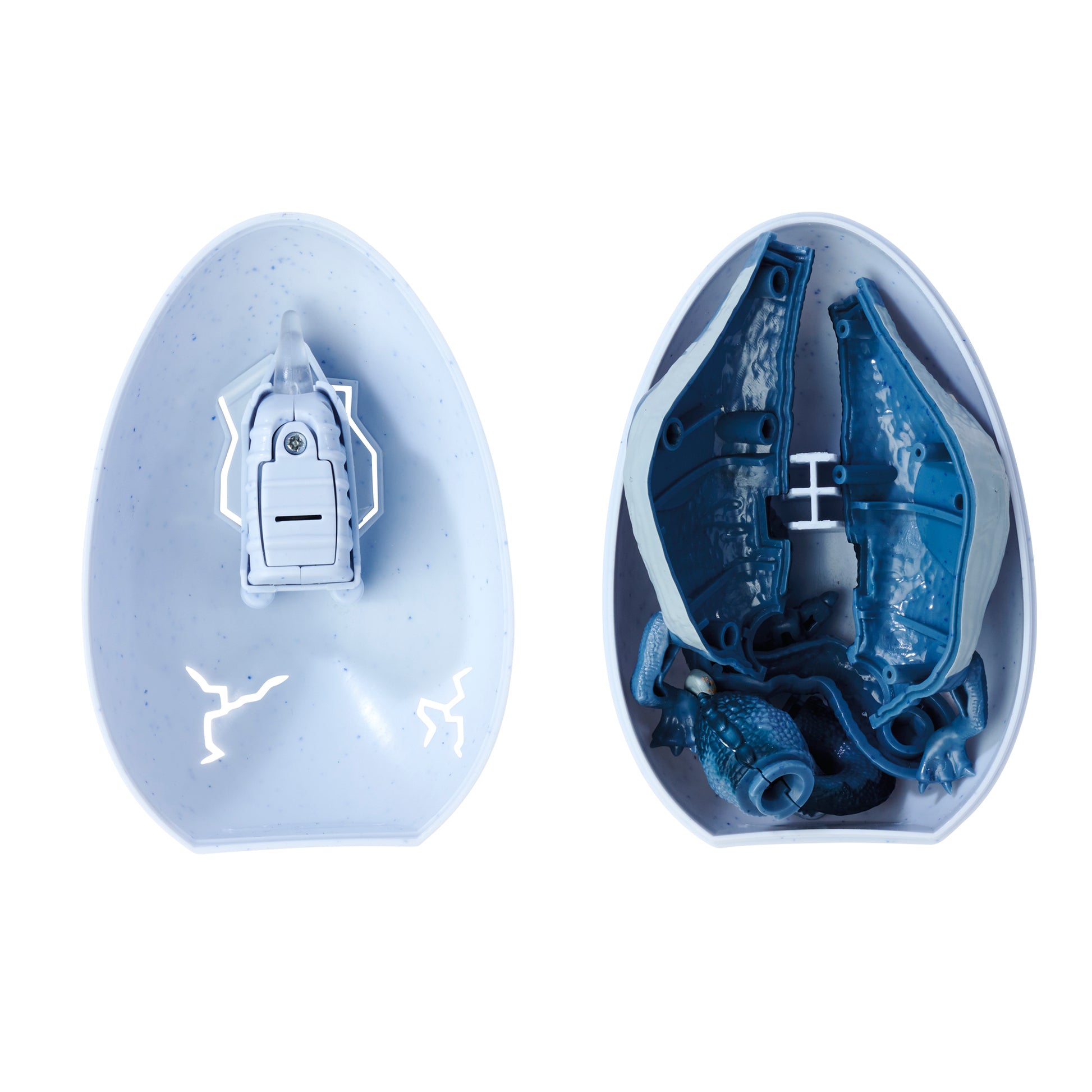 The Simba Dickie Light & Sound Dino Egg Asst includes a white egg with a switch on the left half that activates light and sound, and the right half holds blue dinosaur toy parts for assembling after "hatching.