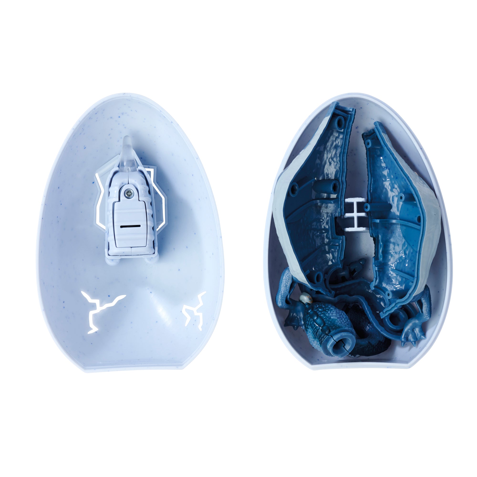 The Simba Dickie Light & Sound Dino Egg Asst includes a white egg with a switch on the left half that activates light and sound, and the right half holds blue dinosaur toy parts for assembling after "hatching.