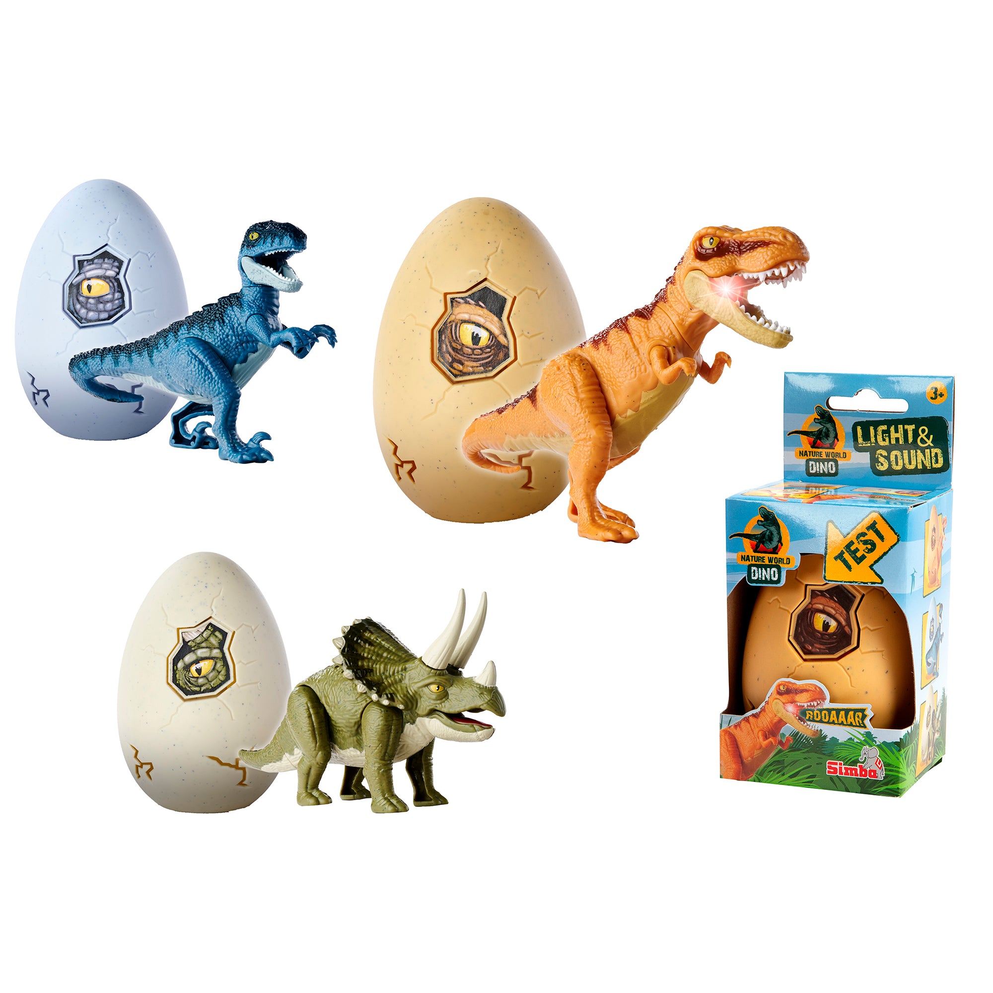 The Simba Dickie Light & Sound Dino Egg Asst includes a blue velociraptor, orange T. rex, and green triceratops with speckled eggs, featuring hatching surprises and exciting light and sound effects.