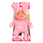 The Simba Dickie Laura Funny Bunny is a soft-bodied bunny doll in a pink costume with large ears and white accents, featuring a white bunny design on the chest. It comes in a display box labeled LAURA Funny Bunny.