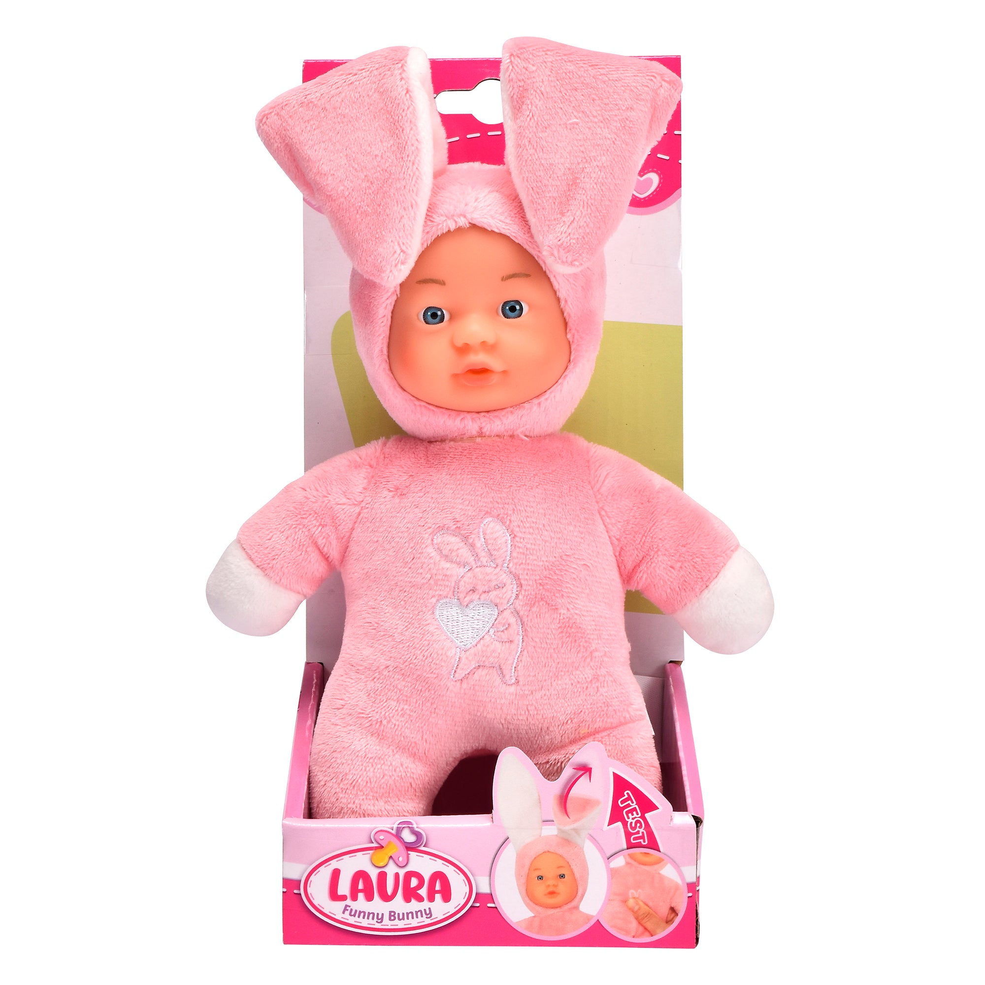 The Simba Dickie Laura Funny Bunny is a soft-bodied bunny doll in a pink costume with large ears and white accents, featuring a white bunny design on the chest. It comes in a display box labeled LAURA Funny Bunny.