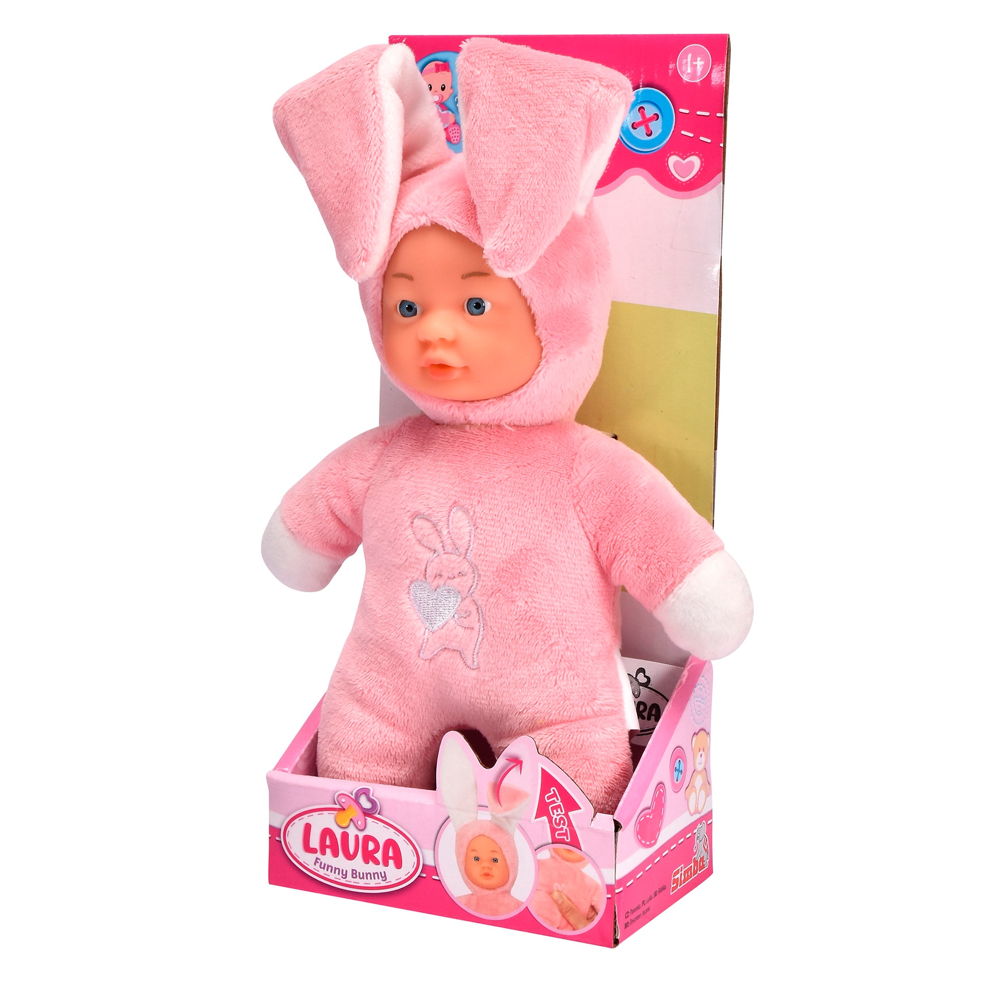 The Simba Dickie Laura Funny Bunny is a soft-bodied bunny doll in a pink costume with long ears, white cuffs, and a heart featuring a bunny on the chest. It comes displayed in a pink and yellow box labeled "Laura.