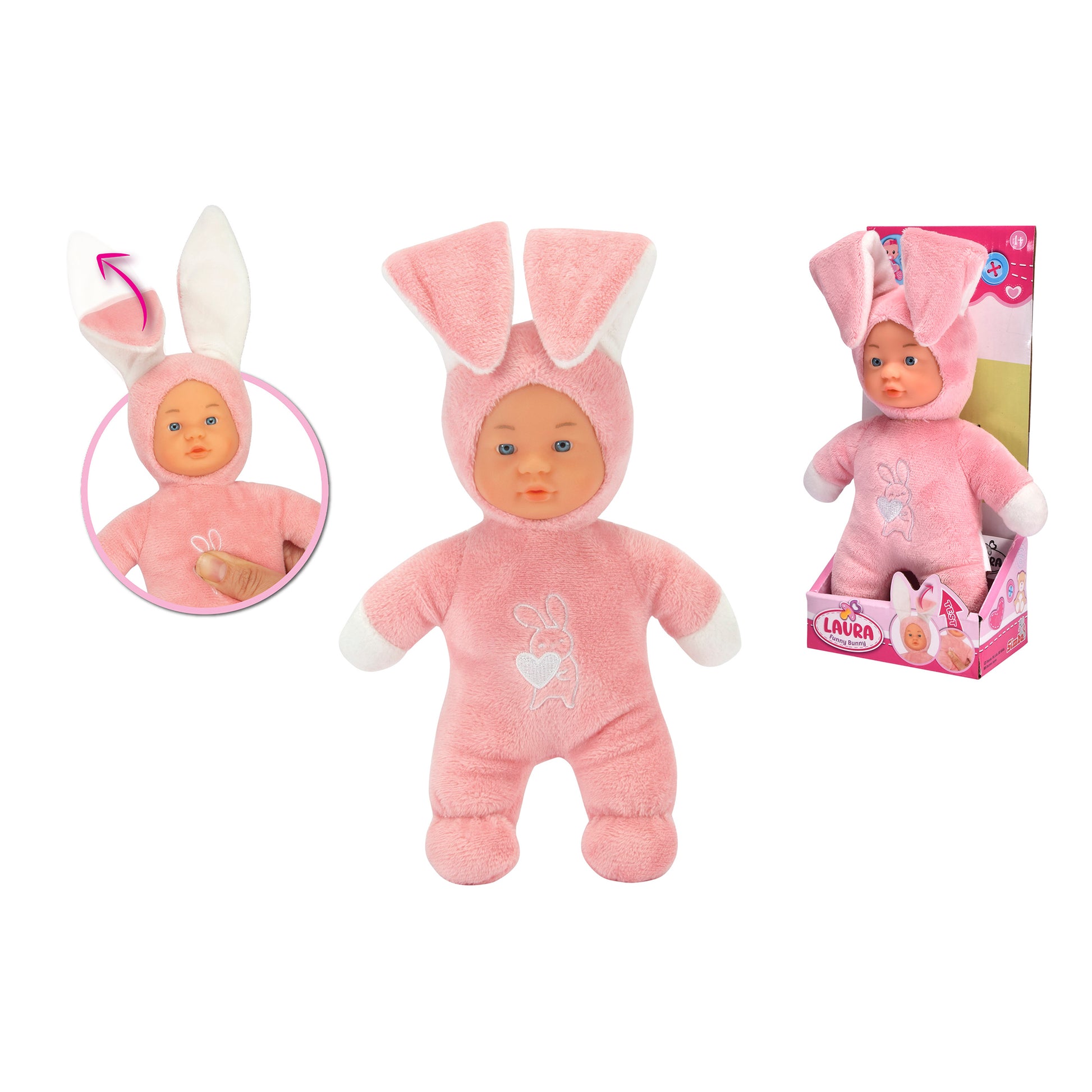 The Simba Dickie Laura Funny Bunny is a soft-bodied doll in a pink bunny costume with floppy, movable ears, featuring a white bunny and heart graphic on the front. It stands next to its Laura-branded box.