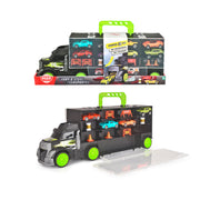 The Simba Dickie Carry & Store Transporter features a black body, green handle, and green wheels. Shown packaged and open, it neatly holds six colorful toy cars, cones, and road signs in its compartments.