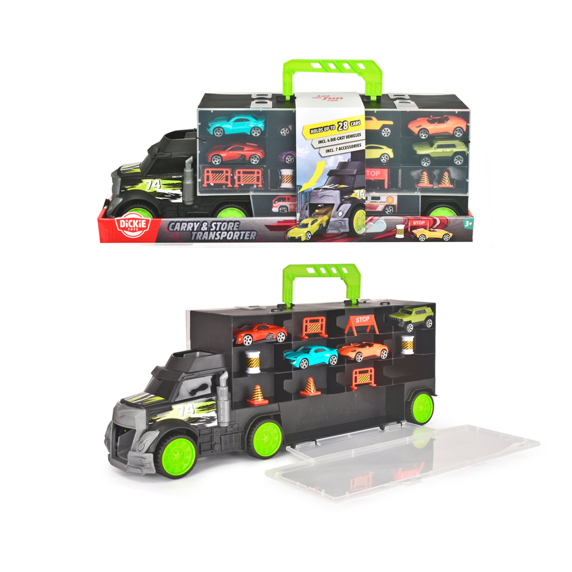 The Simba Dickie Carry & Store Transporter features a black body, green handle, and green wheels. Shown packaged and open, it neatly holds six colorful toy cars, cones, and road signs in its compartments.