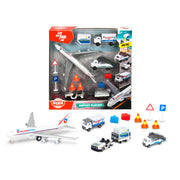 The Simba Dickie Airport Playset includes a mini airport terminal, airplane, trucks, cones, barriers, and signs. The packaging showcases all pretend-airport items while the toys are displayed neatly in front.