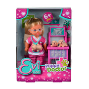 The Simba Dickie EL Puppy Doctor boxed playset features an Evi Love doll in pink scrubs, three puppies, a medical cart, vet accessories, and heart- and paw-print packaging. Suitable for ages 3+.