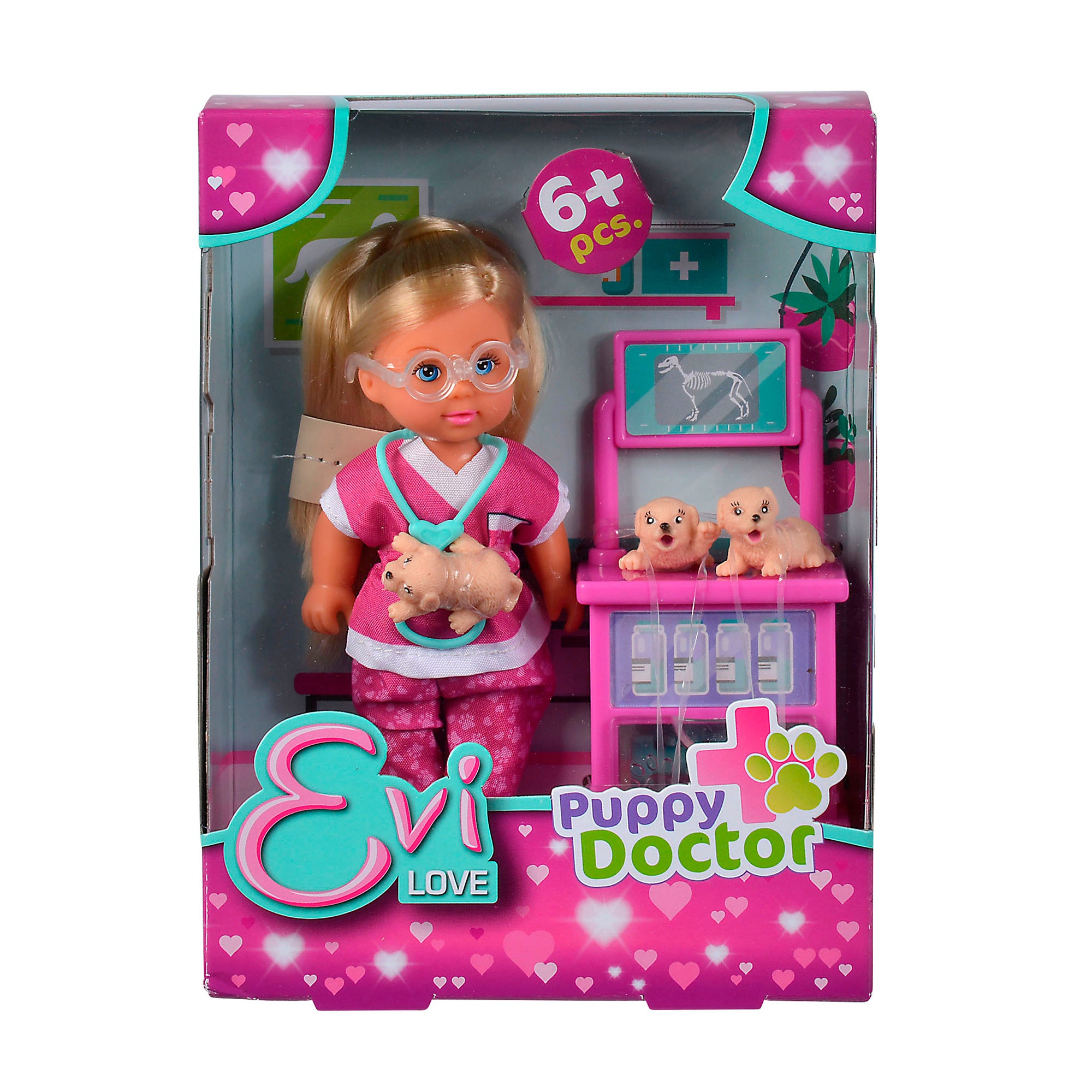 The Simba Dickie EL Puppy Doctor boxed playset features an Evi Love doll in pink scrubs, three puppies, a medical cart, vet accessories, and heart- and paw-print packaging. Suitable for ages 3+.