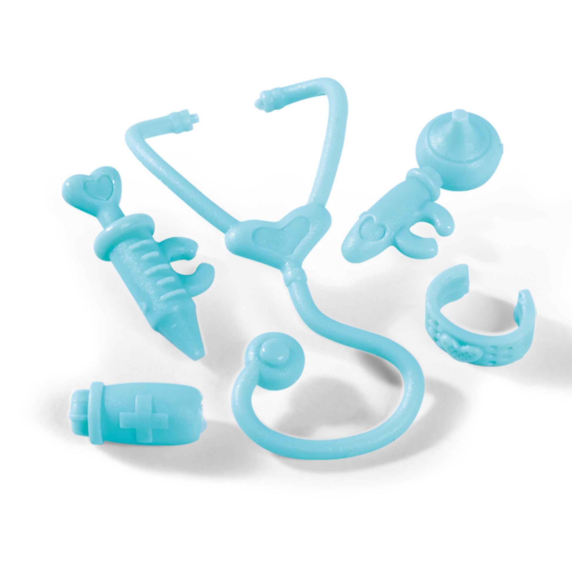 The Simba Dickie EL Puppy Doctor set includes five light blue plastic medical toys—a stethoscope, syringe, reflex hammer, medicine bottle, and heart-accented ring—ideal for Evi Love dolls or vet-themed playsets.