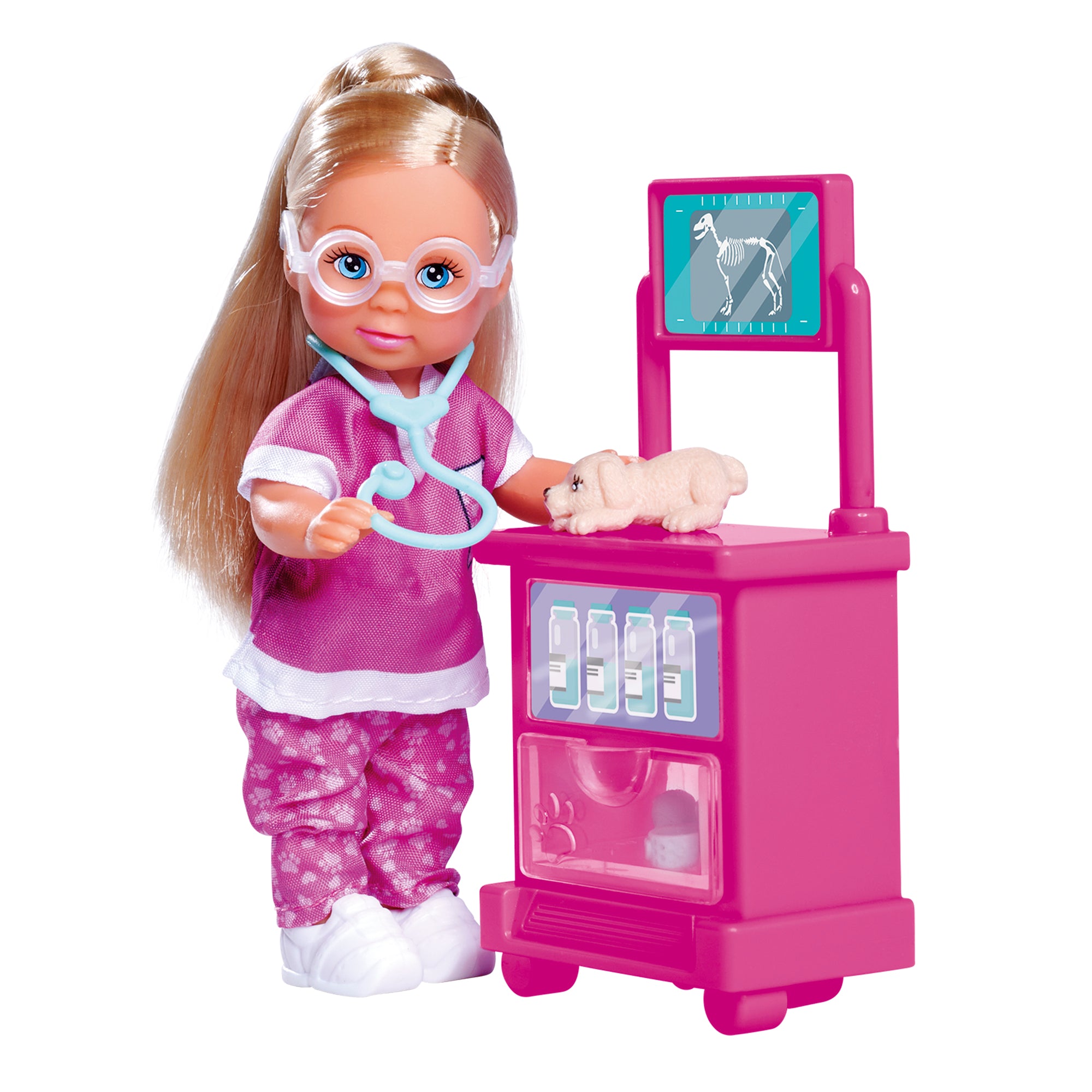 The Simba Dickie EL Puppy Doctor set features an Evi Love doll dressed as a vet with glasses and stethoscope, standing by a pink vet cart and examining a small toy dog with an X-ray image shown on the screen.
