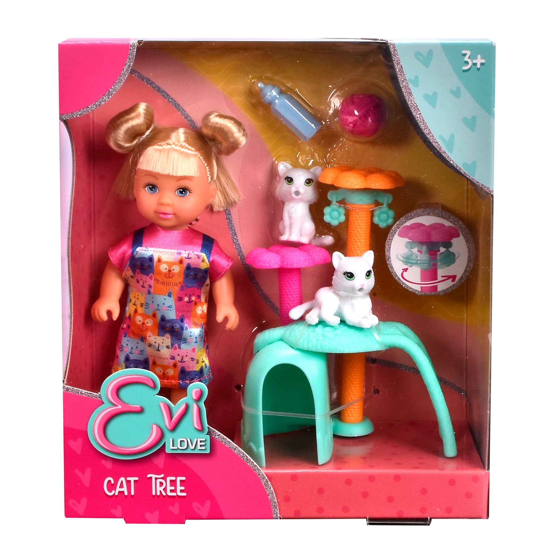 The Simba Dickie EL Cat Tree includes an Evi Love doll, two white kittens, a turquoise cat tree with colorful platforms, a bottle, and a pink ball. Labeled “Cat Tree,” it’s suitable for ages 3 and up.