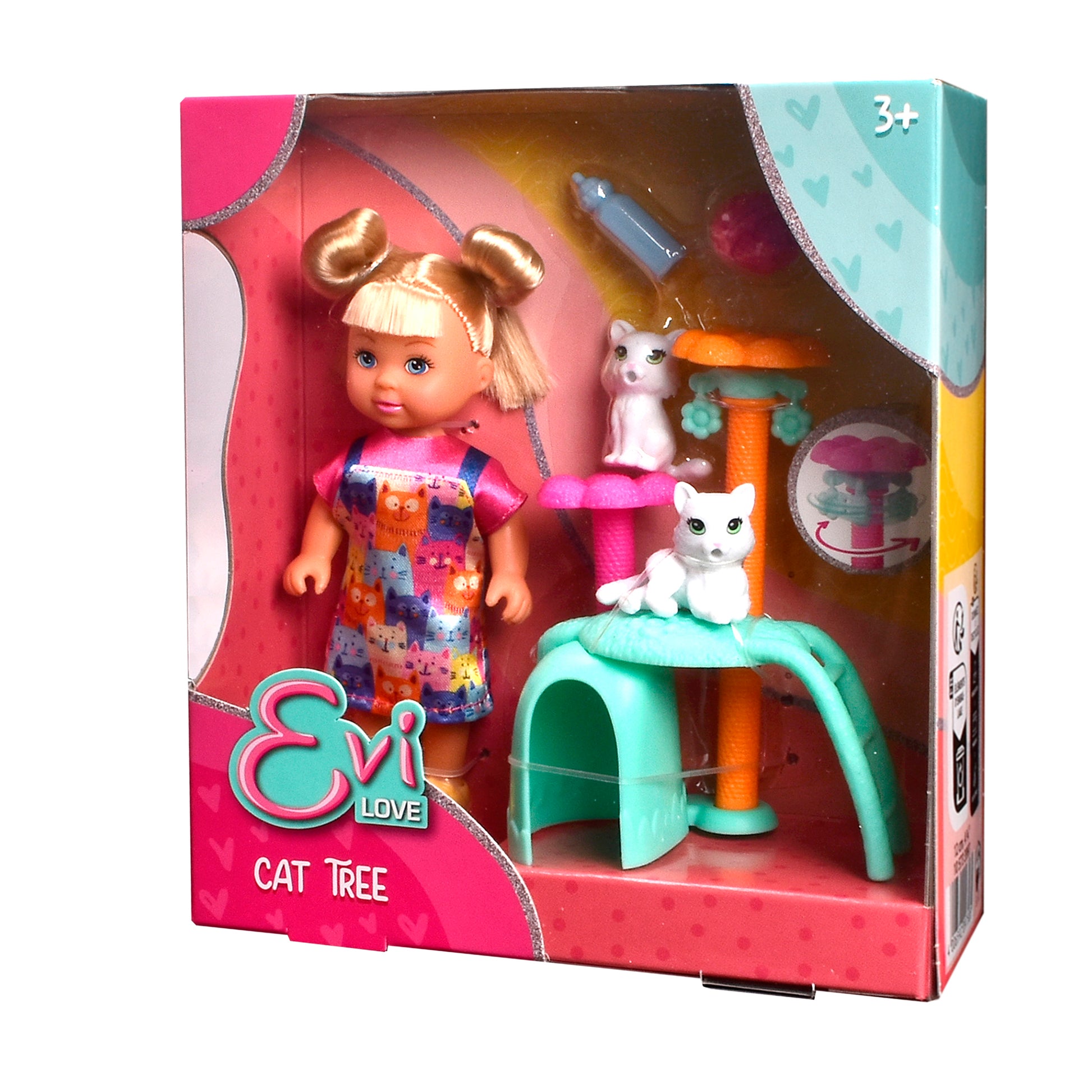 The Simba Dickie EL Cat Tree is a boxed playset with an Evi Love doll (blonde hair), two white kittens, cat tree, bottle, and accessories. It comes in pink and turquoise packaging with heart designs.