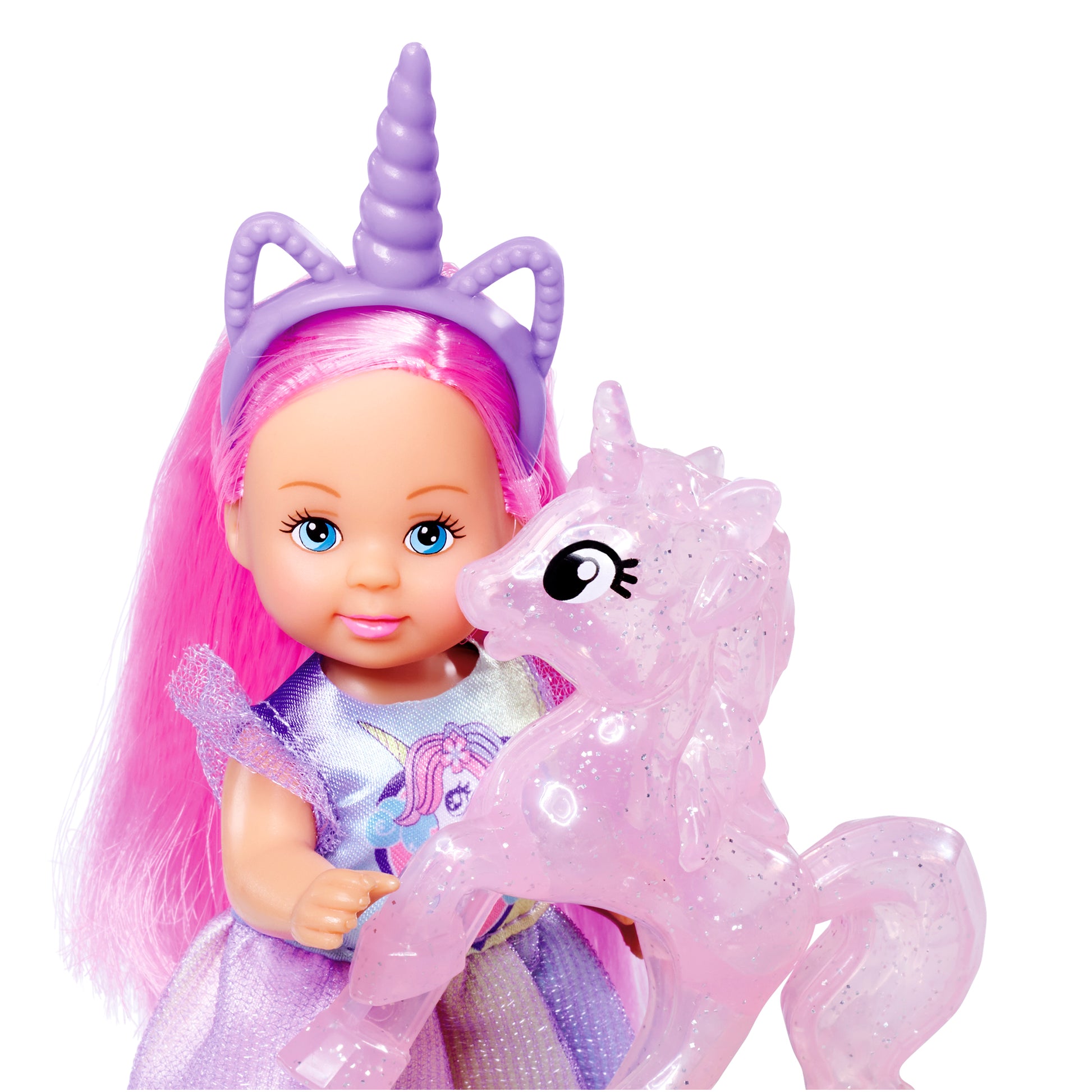 The Simba Dickie EL Unicorn features a doll with long pink hair, a purple unicorn horn headband, and sparkly purple dress, holding a glittery translucent pink unicorn toy—part of the magical Unicorn Playset.