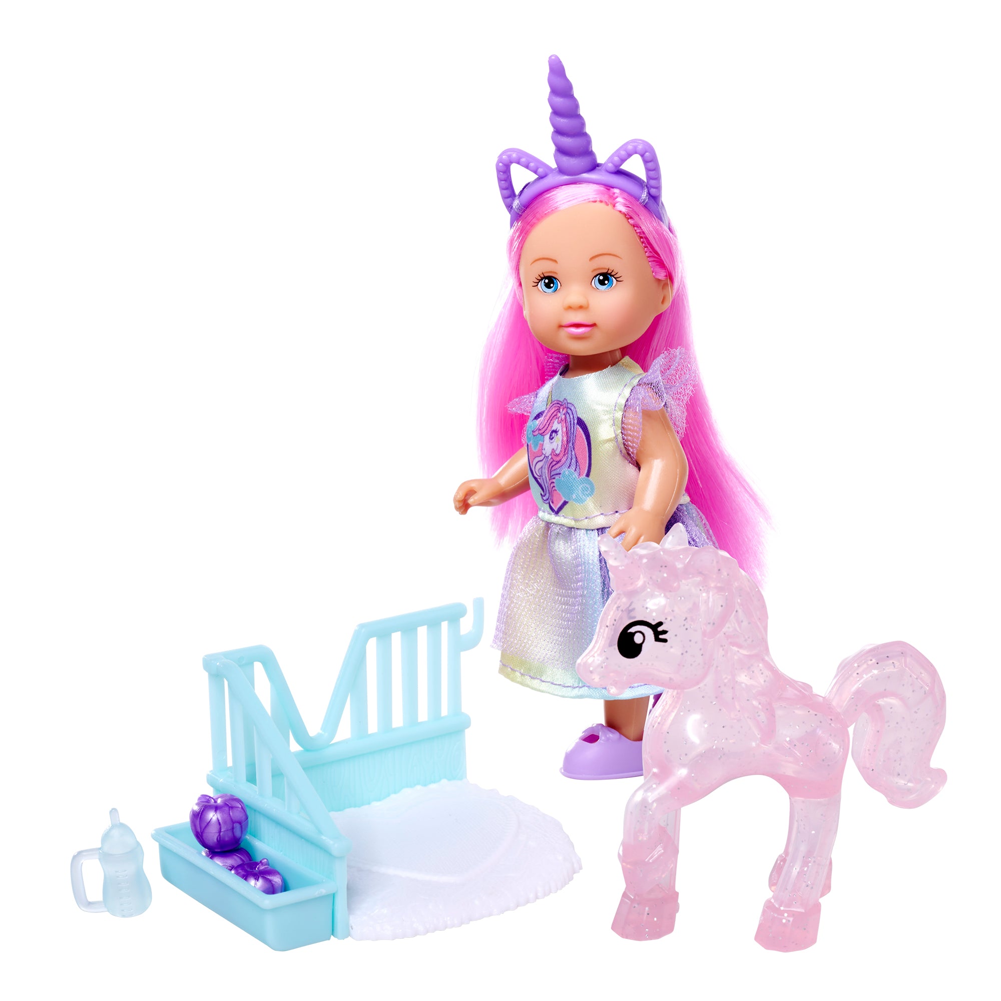 The Simba Dickie EL Unicorn set features a doll with long pink hair and a purple unicorn horn headband, a translucent pink toy horse, blue staircase, and small accessories like a bottle and purple brush.