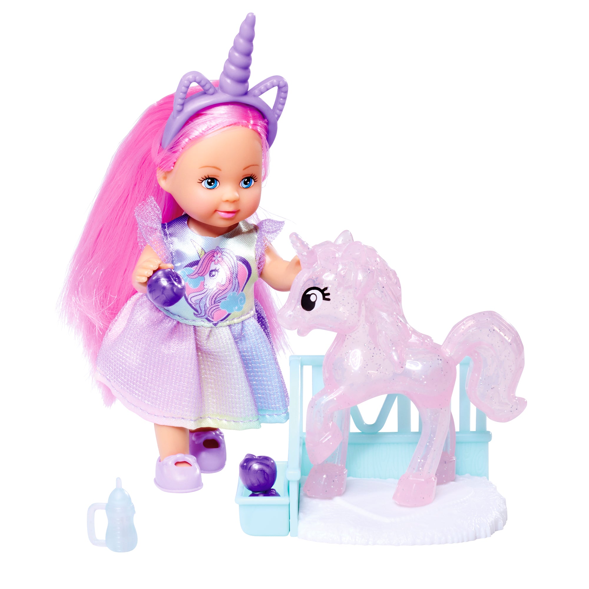 The Simba Dickie EL Unicorn Playset features a doll with pink hair, unicorn headband, and pastel dress. Included accessories—a bottle and brush—enhance play beside the sparkly pink toy unicorn for magical adventures.