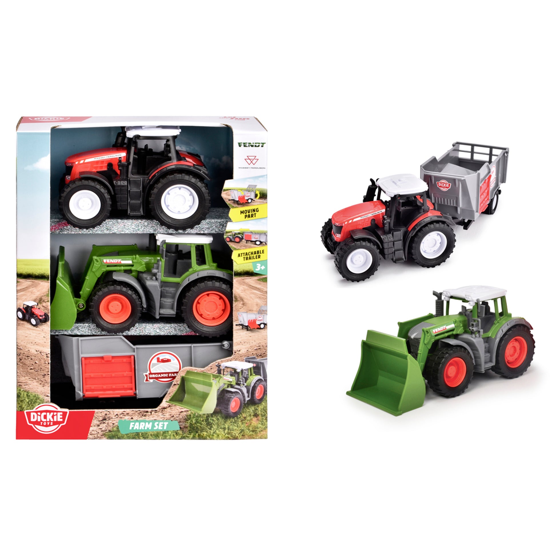 The Simba Dickie Farm Set includes two tractor toys—one green with a front loader, one red with a detachable trailer—shown both in packaging and outside. Ideal farm playset for kids aged 3 and up.