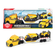 The Simba Dickie Mack Volvo Micro Builder Truck is a yellow toy Mack truck with a white trailer carrying two yellow construction vehicles, ideal for construction play. Shown in and out of its colorful box with illustrated construction scenes.