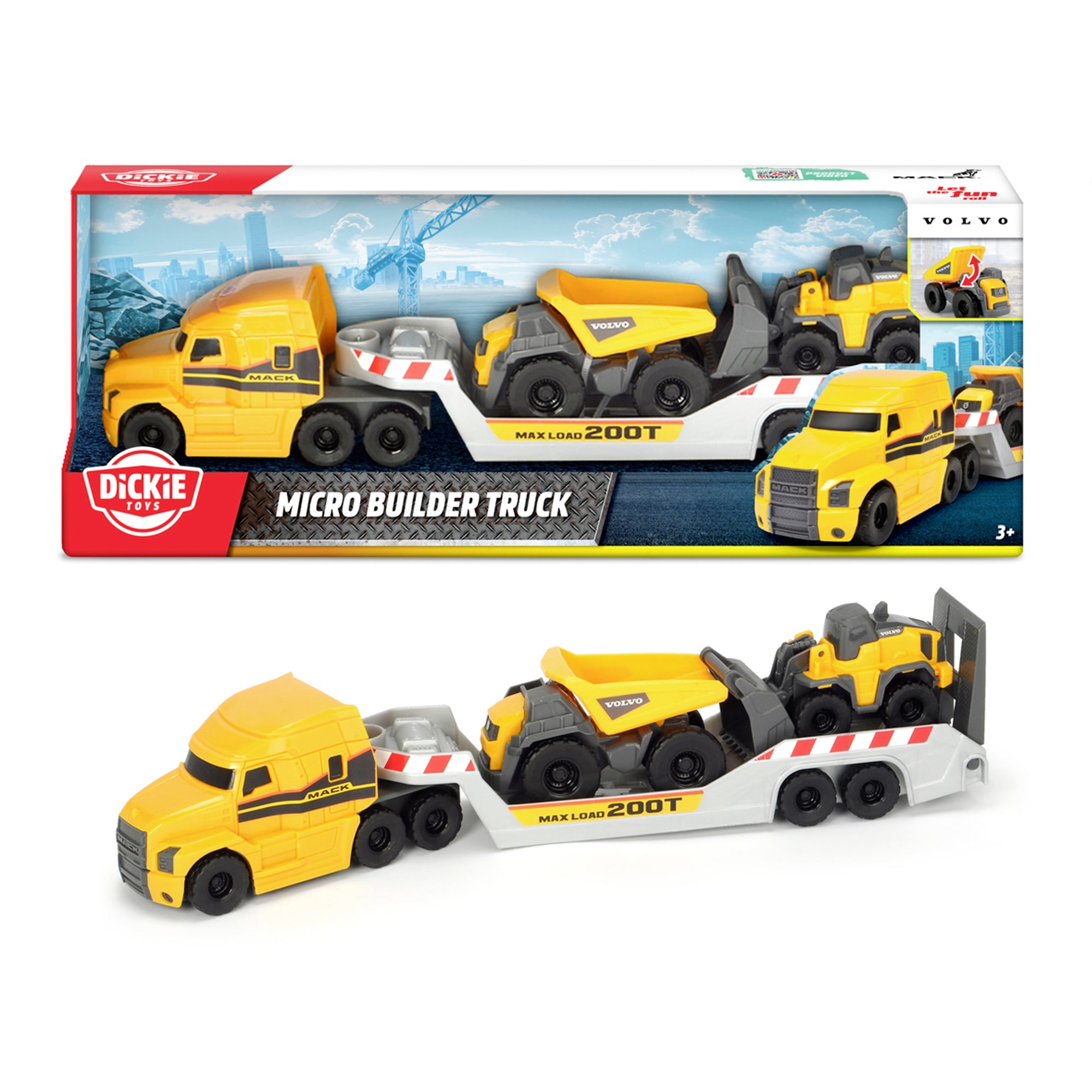 The Simba Dickie Mack Volvo Micro Builder Truck is a yellow toy Mack truck with a white trailer carrying two yellow construction vehicles, ideal for construction play. Shown in and out of its colorful box with illustrated construction scenes.