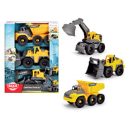 The Simba Dickie Volvo Construction Set includes three yellow Volvo vehicles—a toy excavator, front loader, and dump truck—shown both boxed and displayed individually outside the packaging.