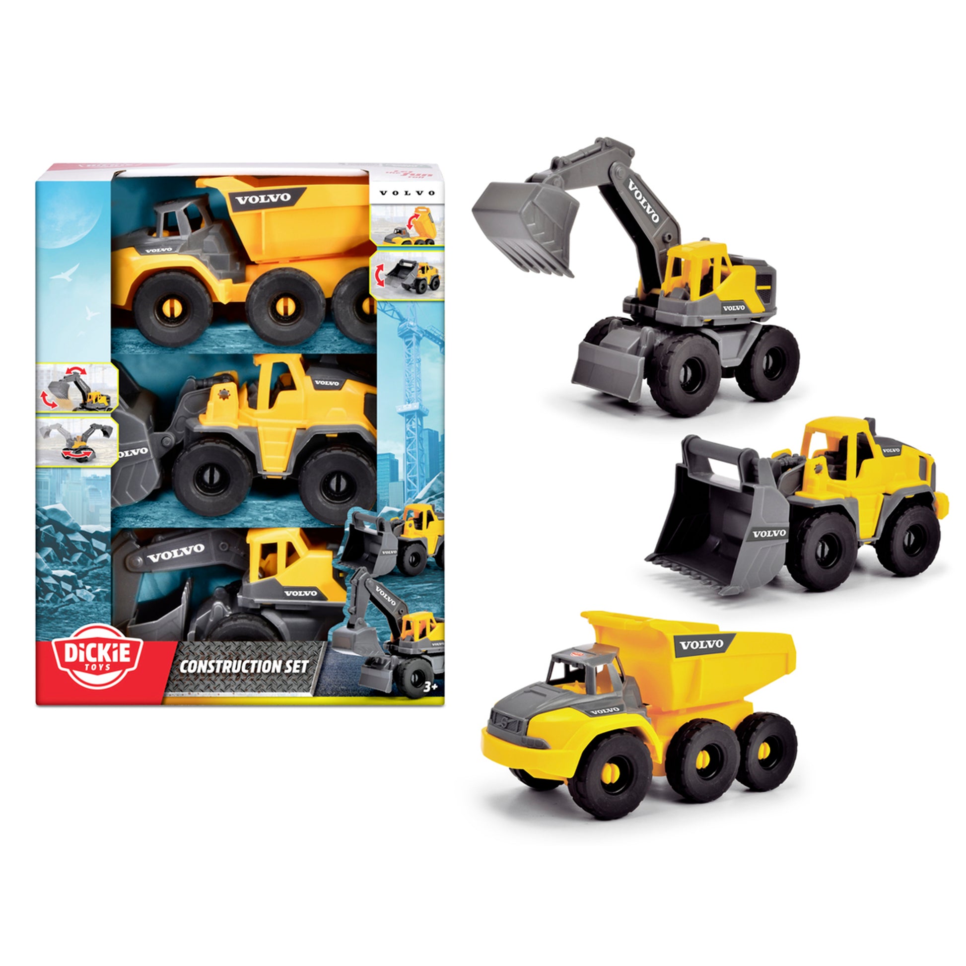 The Simba Dickie Volvo Construction Set includes three yellow Volvo vehicles—a toy excavator, front loader, and dump truck—shown both boxed and displayed individually outside the packaging.