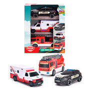 The Simba Dickie SOS Team toy set includes a black police SUV, a white and red ambulance, and a red fire rescue truck, shown in and out of box—ideal for kids’ thrilling rescue adventures.