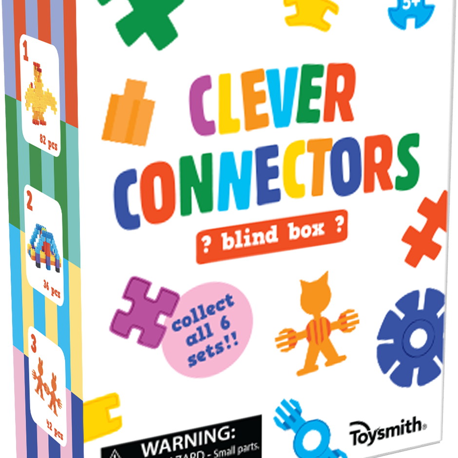 The Clever Connectors Building Blocks Box Set by Toysmith features colorful blocks, a chicken, car, and dancing figures in blind box packaging.