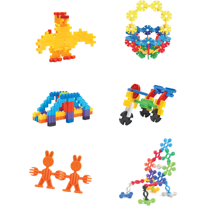 Six Clever Connectors Building Blocks from Toysmith’s box set are shown on a white background, assembled as a yellow chicken, floral shape, bridge, small vehicle, two orange stick figures, and a twisting chain.