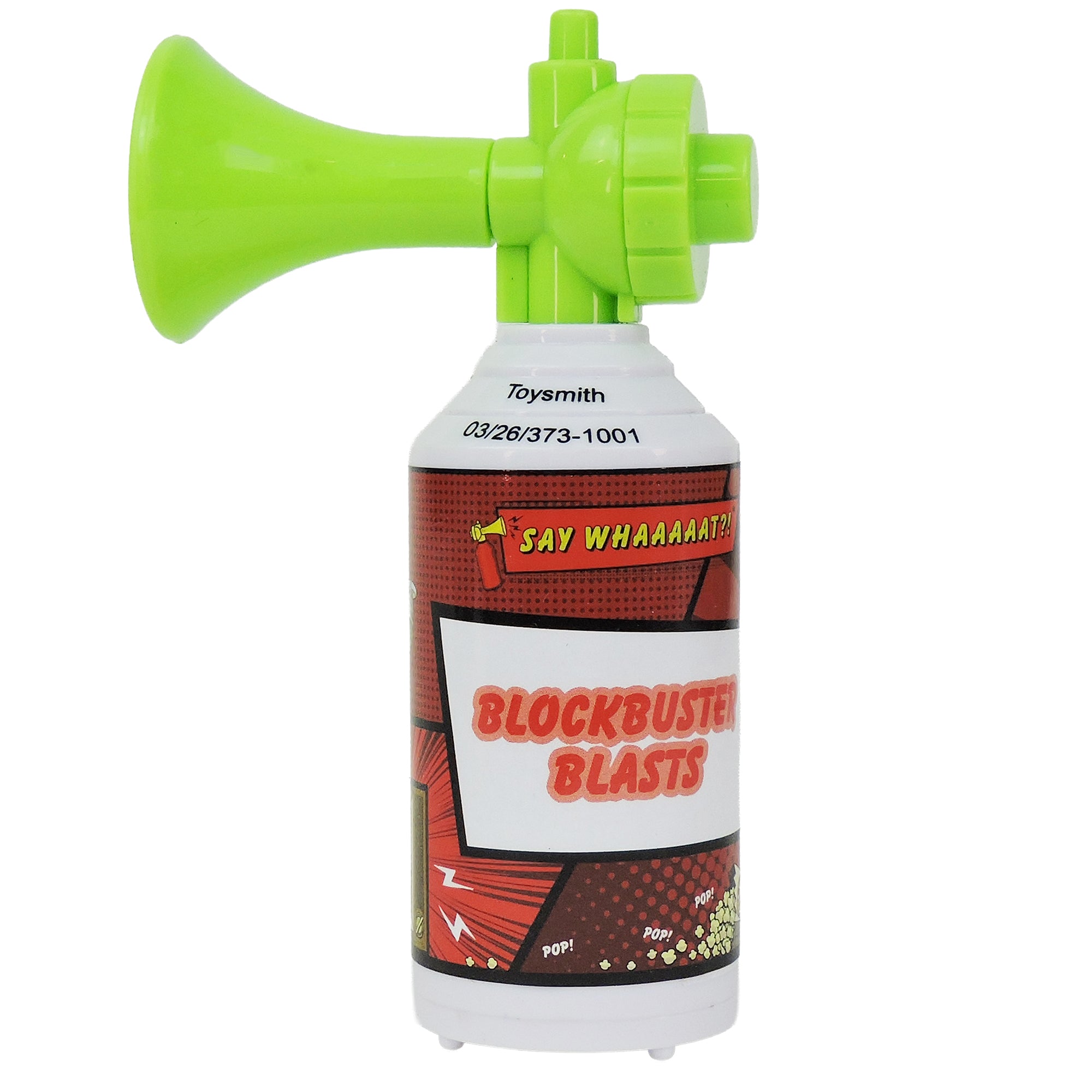 The Say Whaaaaat?! Mini Air Horns Trois by Say Whaaaaat?! is a green plastic toy with a white canister, comic-style "Say Whaaaaat? Blockbuster Blasts" label in red, colorful bursts, cartoon graphics, and fun sound effects.
