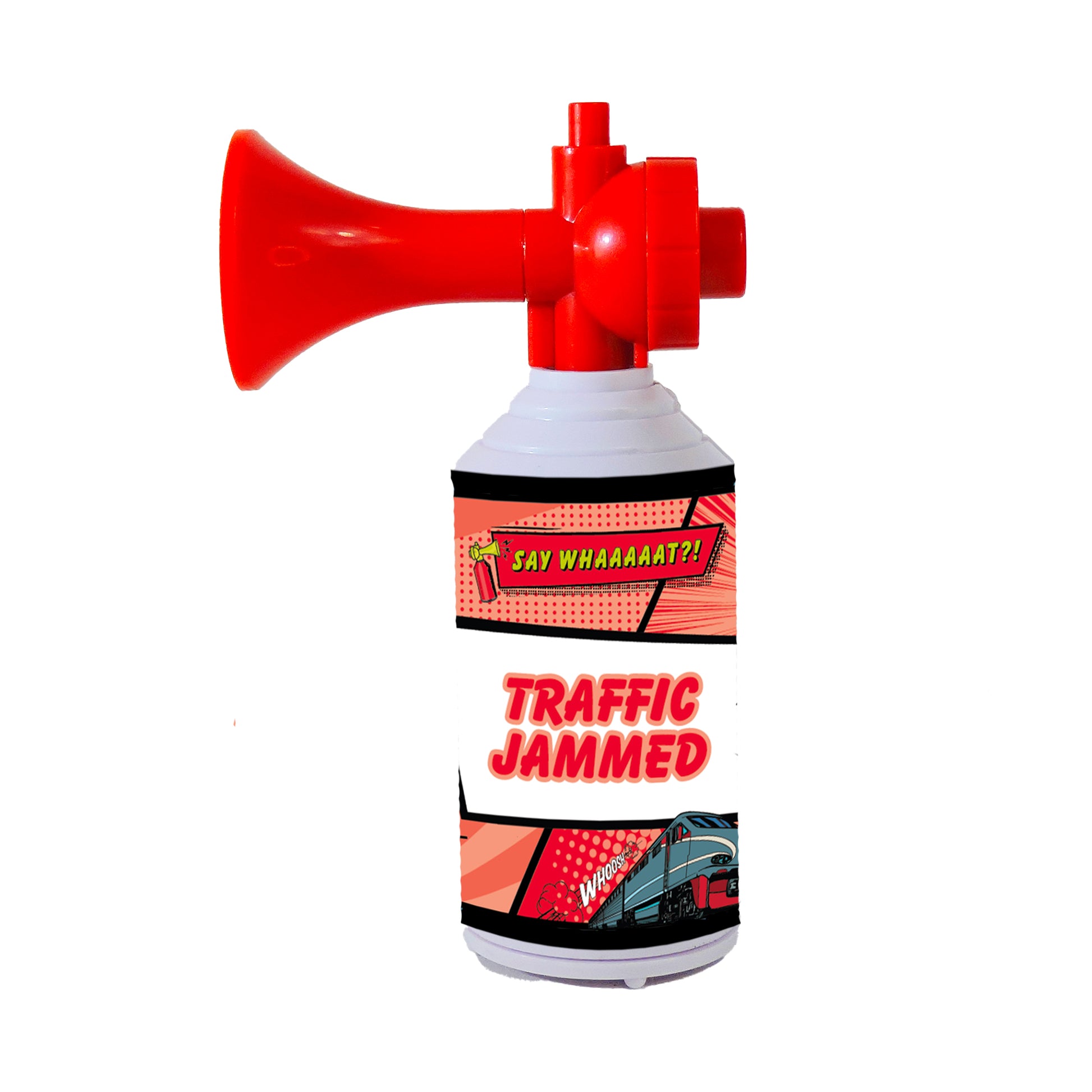 The Say Whaaaaat?! Mini Air Horn features a comic-style label with "Say Whaaaat?! Traffic Jammed" and cars in traffic on a white background—ideal for novelty air horn enthusiasts.