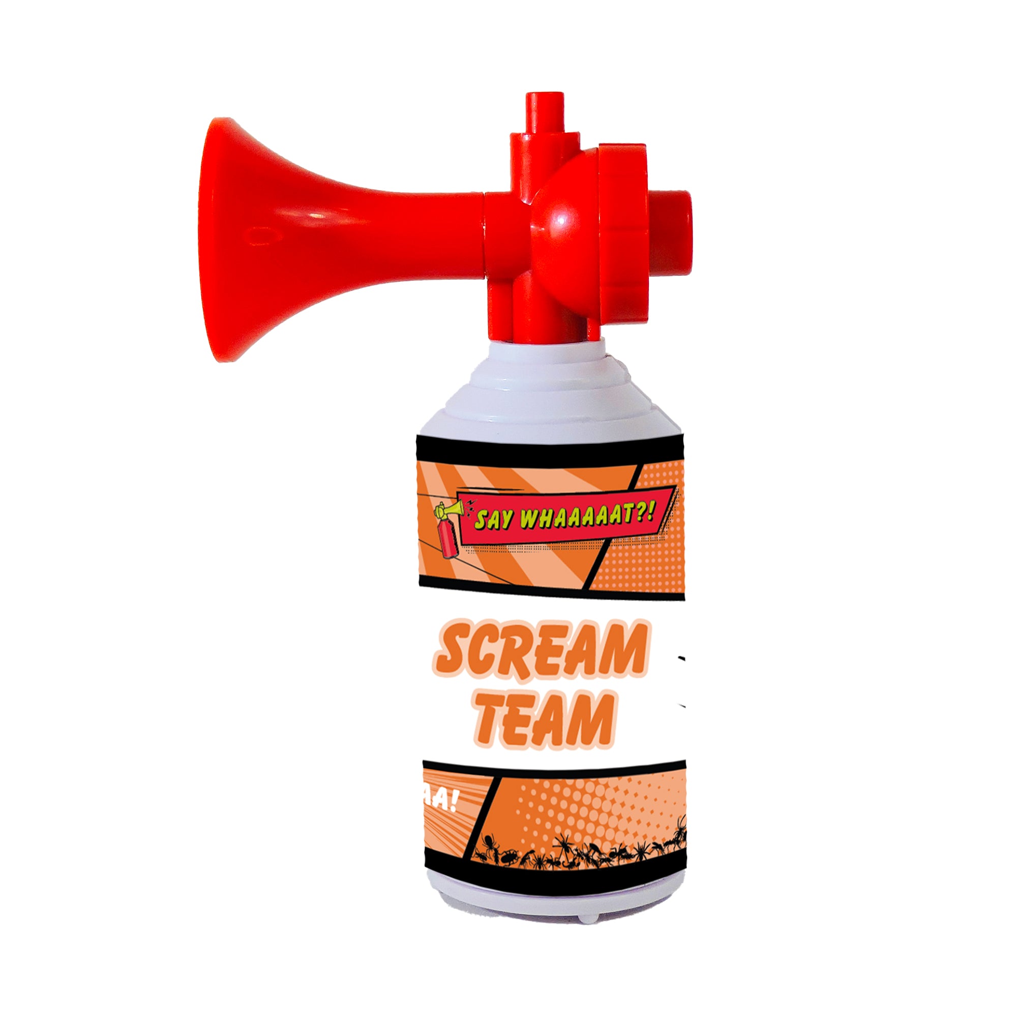 The Say Whaaaaat?! Mini Air Horn features red and white comic-style graphics and is perfect for party sound effects.