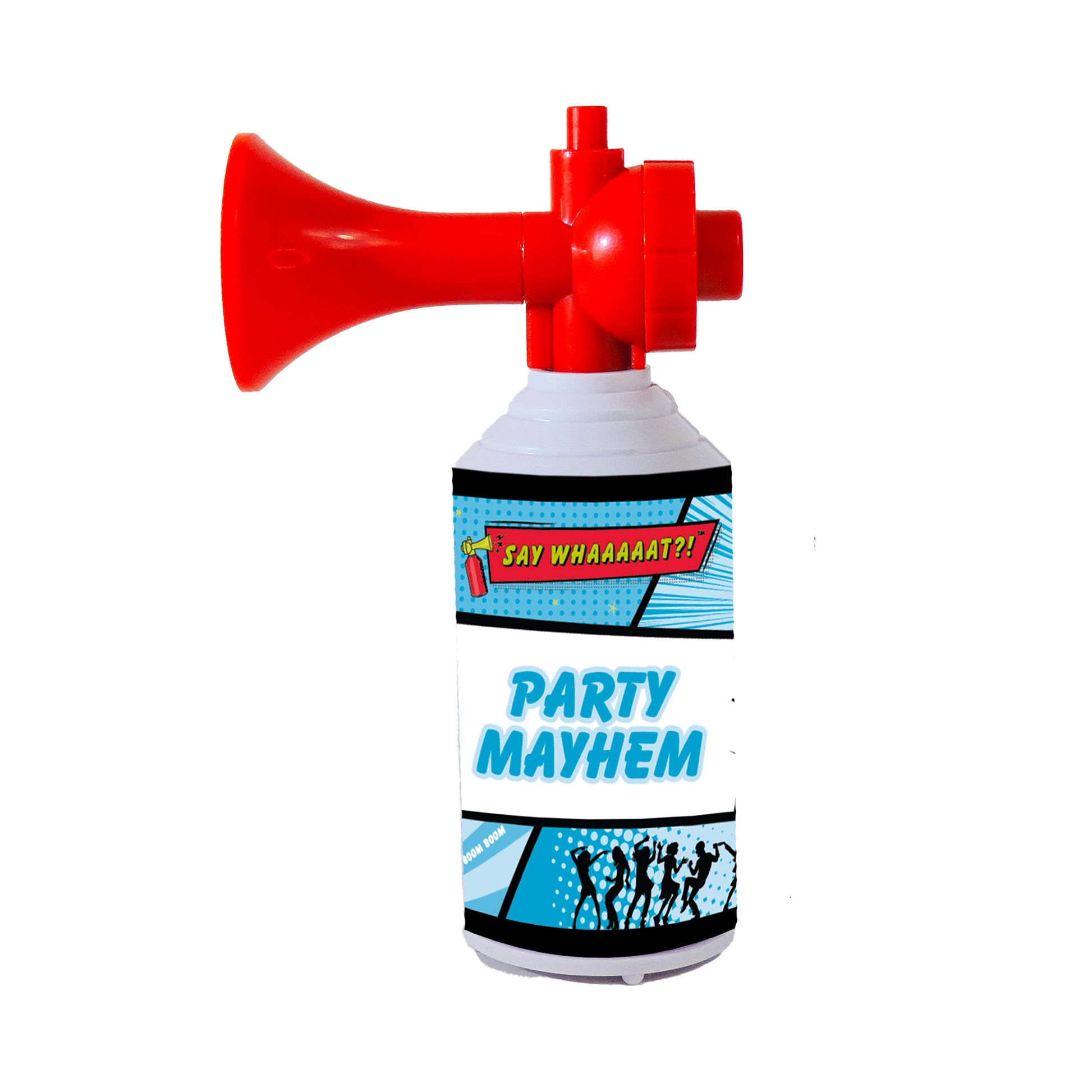 The Say Whaaaaat?! Mini Air Horn features red and white colors, cartoon-style graphics, blue text, and a dancing crowd silhouette—ideal for novelty air horn enthusiasts or collectors.
