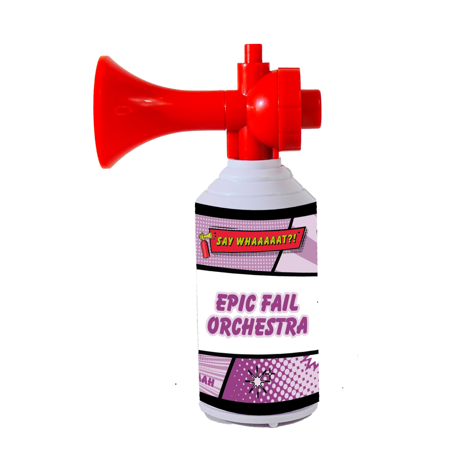 The Say Whaaaaat?! Mini Air Horn features a red and white canister with a comic-style EPIC FAIL ORCHESTRA label—bringing bold, playful energy to your novelty air horn collection.