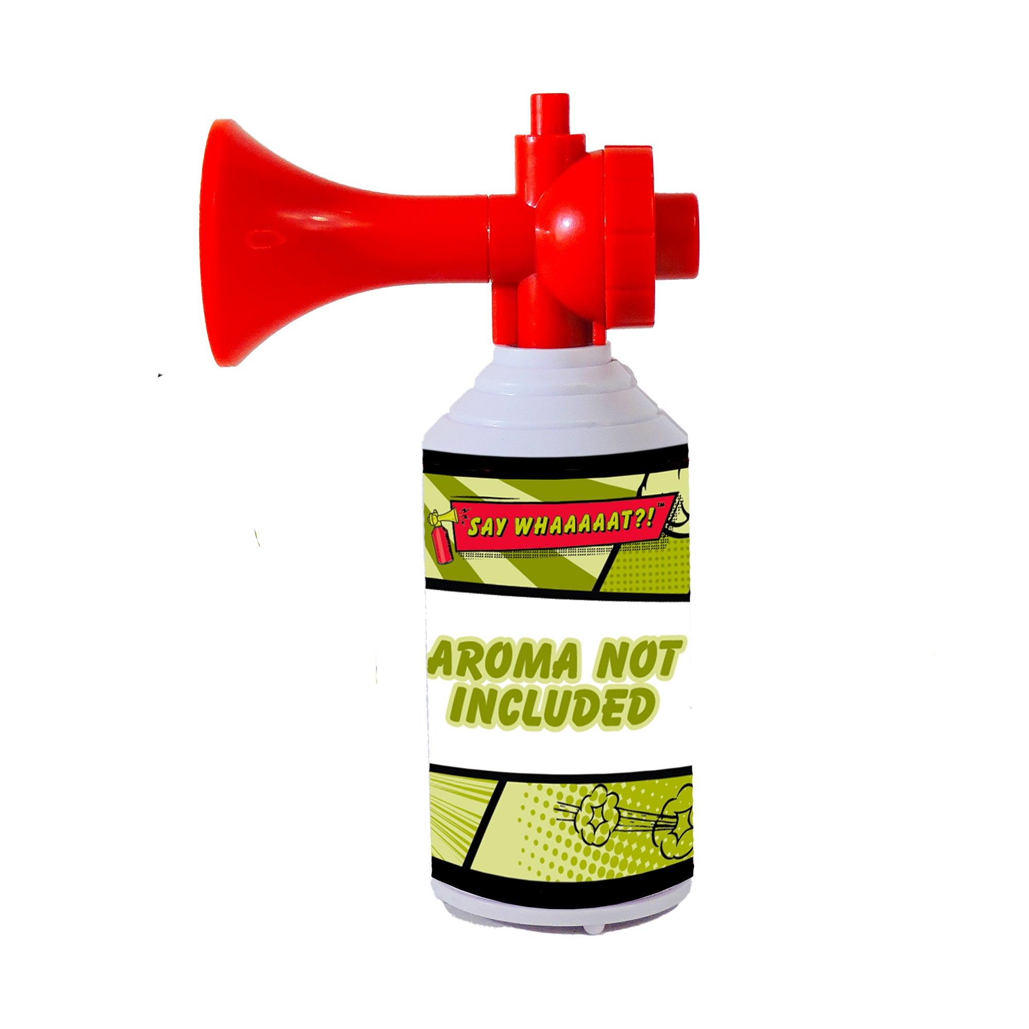 The Say Whaaaaat?! Mini Air Horn is a red and white collectible can with a comic-style label reading “SAY WHAAAAAT?! AROMA NOT INCLUDED” in green and yellow on a white background.