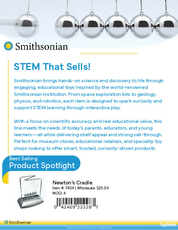 An advertisement for the Smithsonian STEM toy collection, featuring a Newtons Cradle, with description and pricing, and silver balls from the cradle shown at the top.