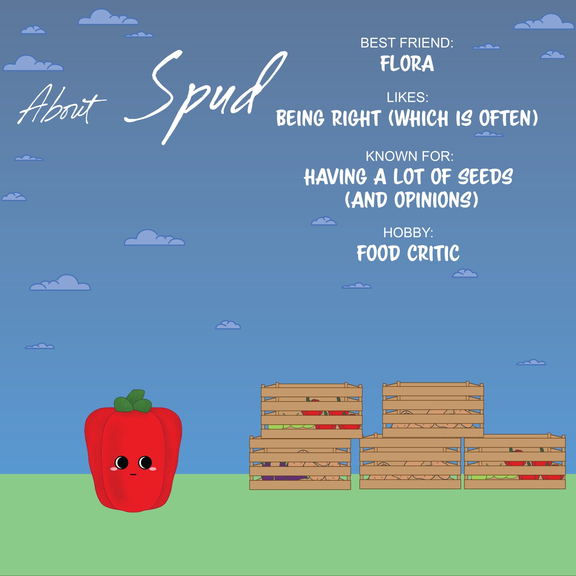 A red pepper with a green stem and cute face stands on grass by wooden crates. Under a blue sky, text lists this Sugar Skwisheez Night Shades squeeze toy’s traits. Pre-order now from Sugar Skwisheez!.