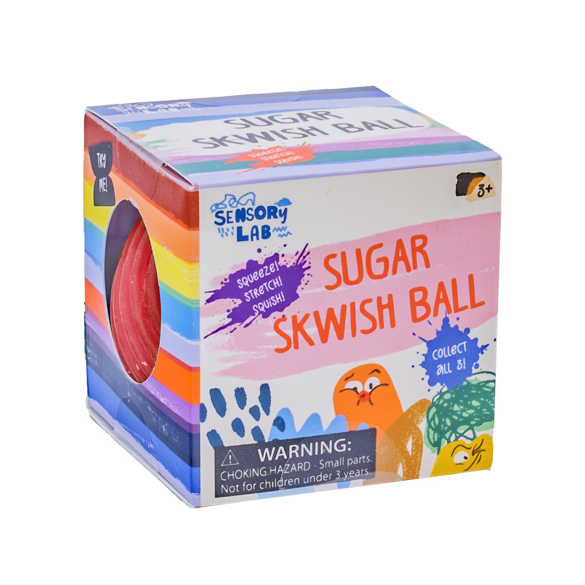 A colorful box labeled Sensory Lab Sugar Skwish Ball features playful illustrations, rainbow stripes, a window showing a red squishy ball inside, and a warning for small parts not for children under 3 years.