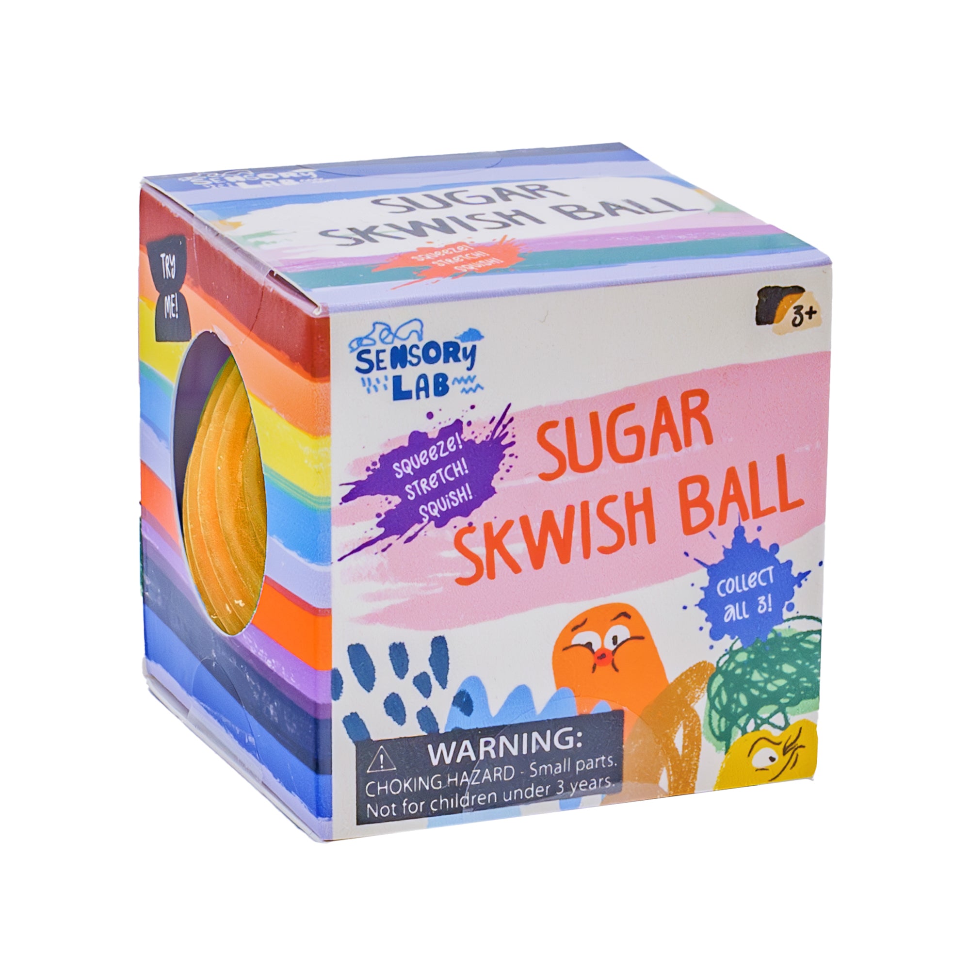 The Sensory Lab Sugar Skwish Ball comes in a colorful box with rainbow stripes, playful illustrations, and text stating it's squeezable, stretchy, suitable for ages 3+, and includes a choking hazard warning.