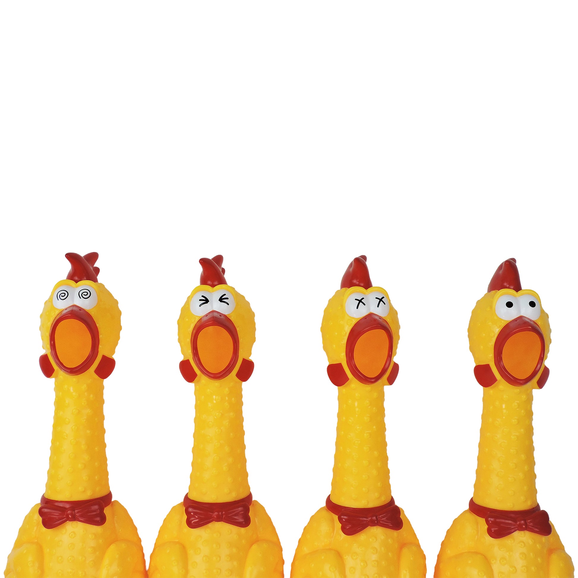 Four Say Whaaaaat?! Super Squawker rubber chickens from Say Whaaaaat?! are lined up, each with a unique facial expression—wide-eyed, squinting, X-eyed, or surprised—making these yellow toys funny and eye-catching against a white background.