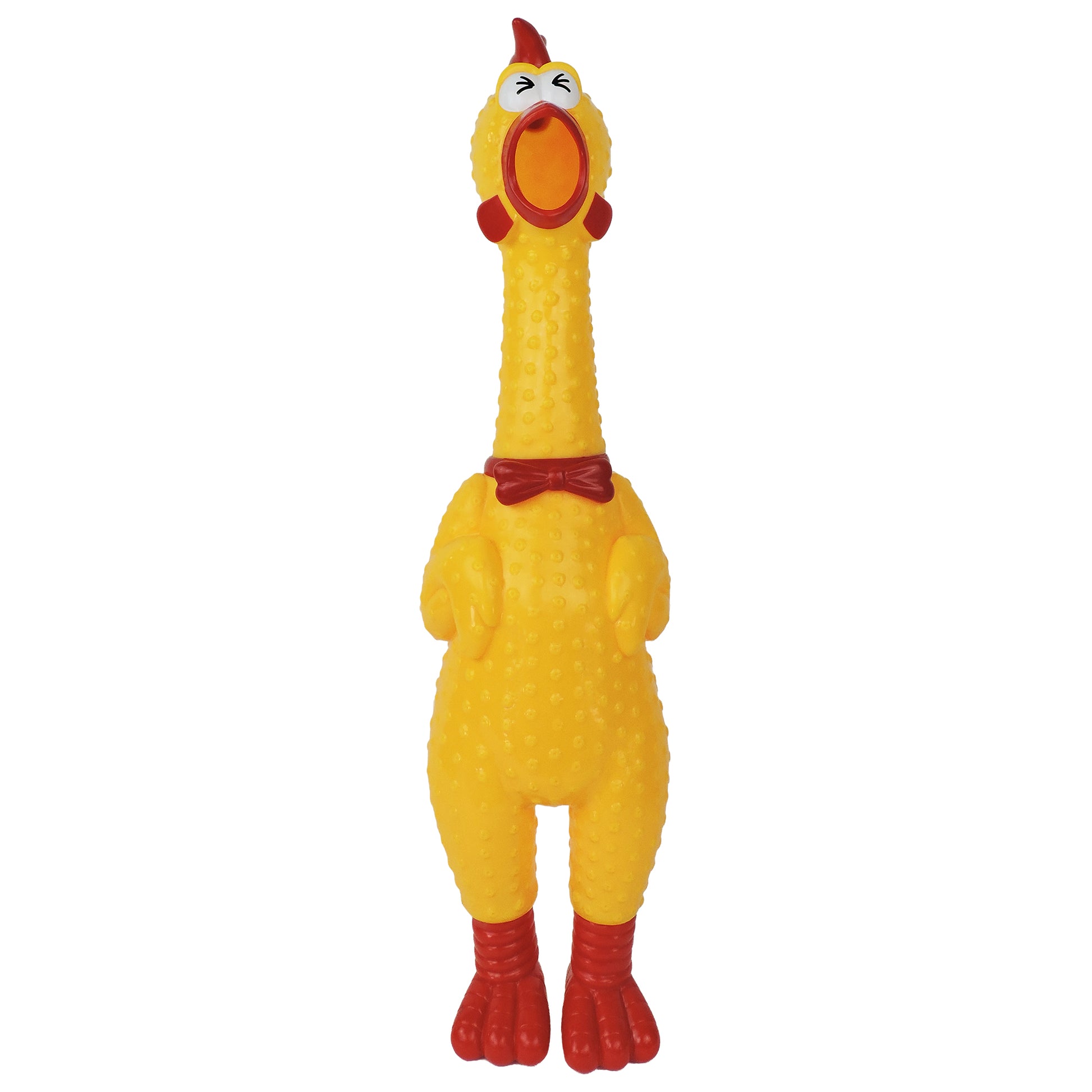 The Say Whaaaaat?! Super Squawker by Say Whaaaaat?! is a yellow rubber squeaky chicken toy with a red beak, feet, and bow tie. It stands upright, mouth open and eyes closed—a hilarious choice for giant chicken fans.