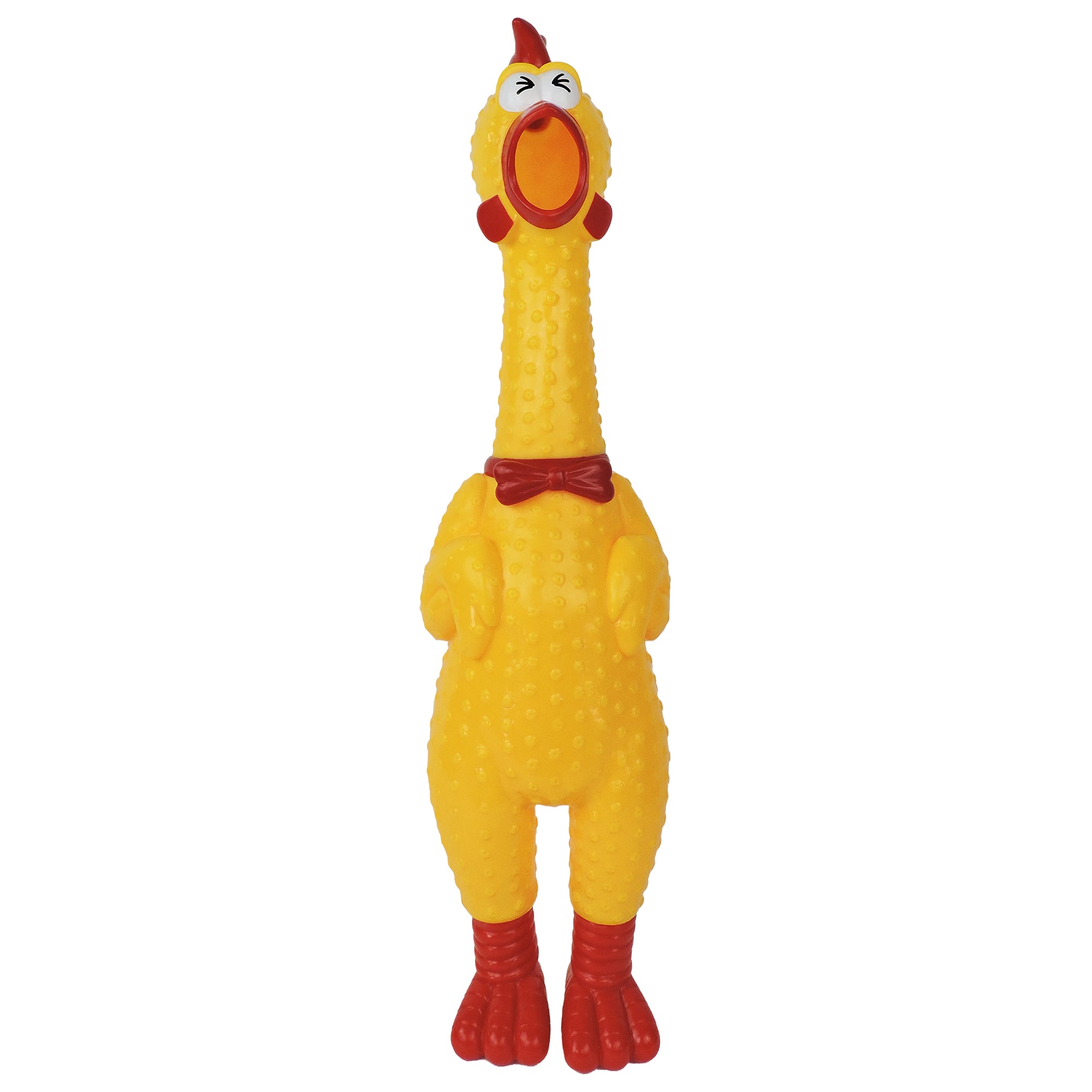 The Say Whaaaaat?! Super Squawker by Say Whaaaaat?! is a yellow rubber squeaky chicken toy with a red beak, feet, and bow tie. It stands upright, mouth open and eyes closed—a hilarious choice for giant chicken fans.