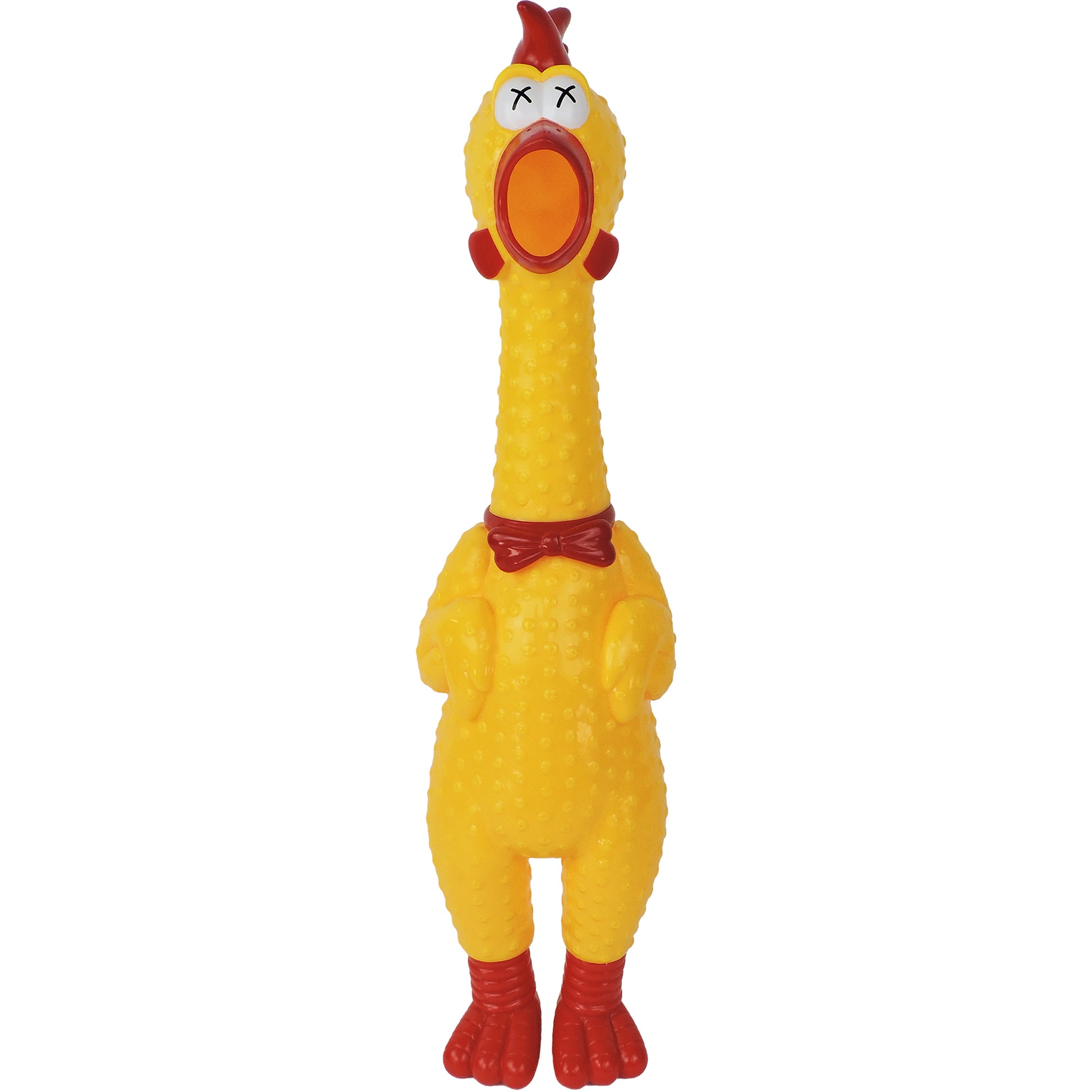 The Say Whaaaaat?! Super Squawker is a yellow rubber chicken toy by Say Whaaaaat?! featuring a red beak, comb, feet, and bow tie. Its eyes are Xs and its mouth is wide open, making it one of the funniest toys for giant chickens!.