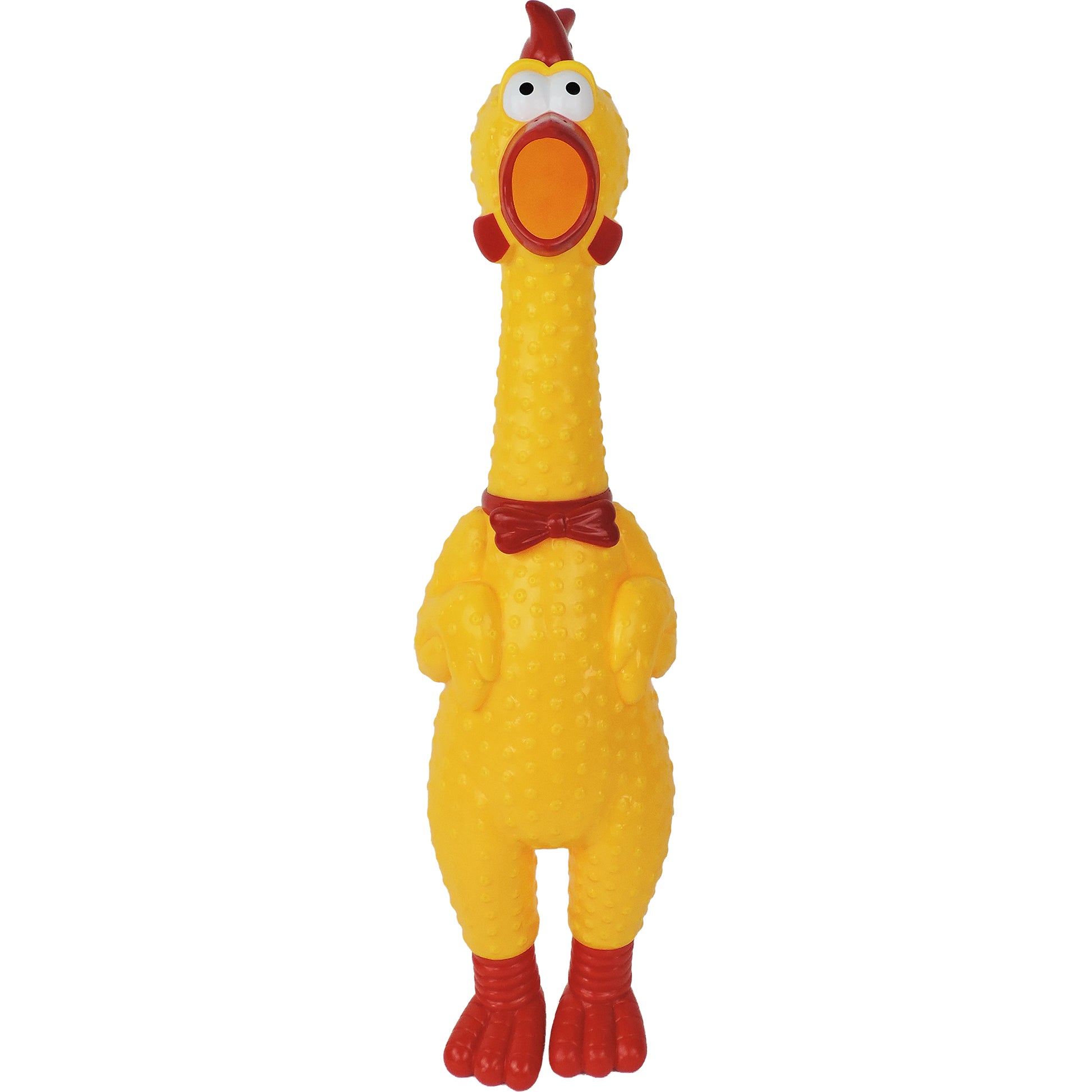 The Say Whaaaaat?! Super Squawker is a yellow rubber chicken toy with a textured surface, red beak, bow tie and feet, plus wide eyes—sure to amuse any giant chicken fan. Shown standing upright on a white background.