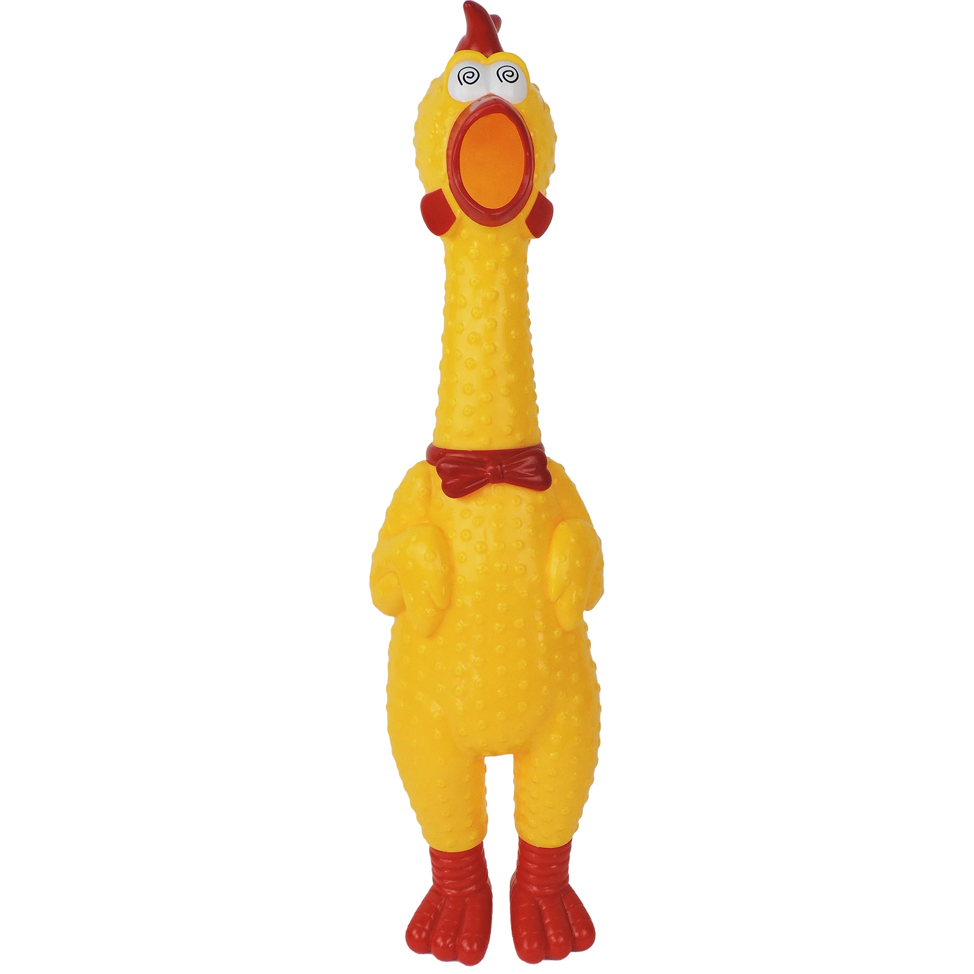 The Say Whaaaaat?! Super Squawker by Say Whaaaaat?! is a rubber squeaky chicken toy featuring a long neck, yellow textured body, red feet and bow tie, open beak, and cartoon eyes for a hilariously surprised look.
