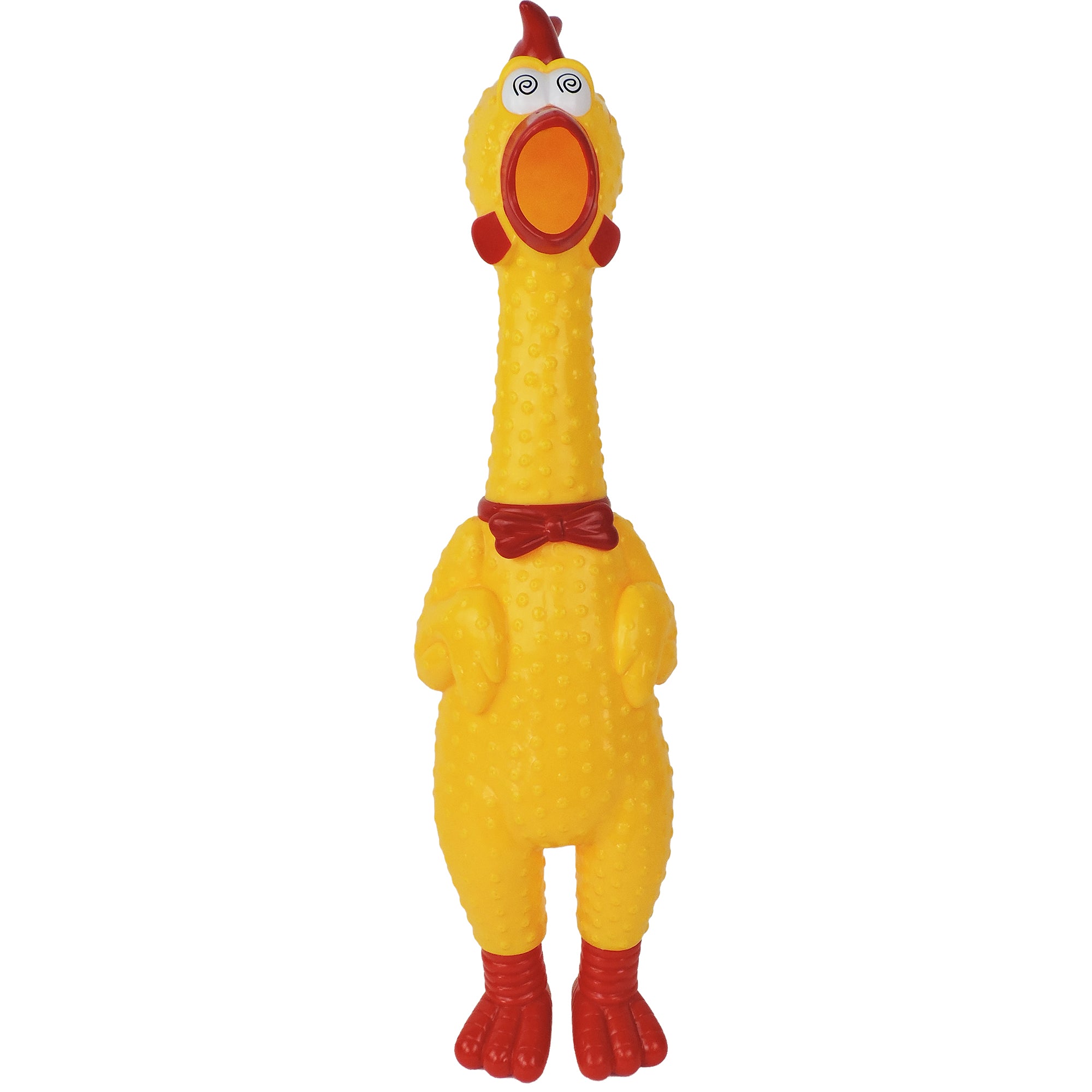 The Say Whaaaaat?! Super Squawker by Say Whaaaaat?! is a rubber squeaky chicken toy featuring a long neck, yellow textured body, red feet and bow tie, open beak, and cartoon eyes for a hilariously surprised look.