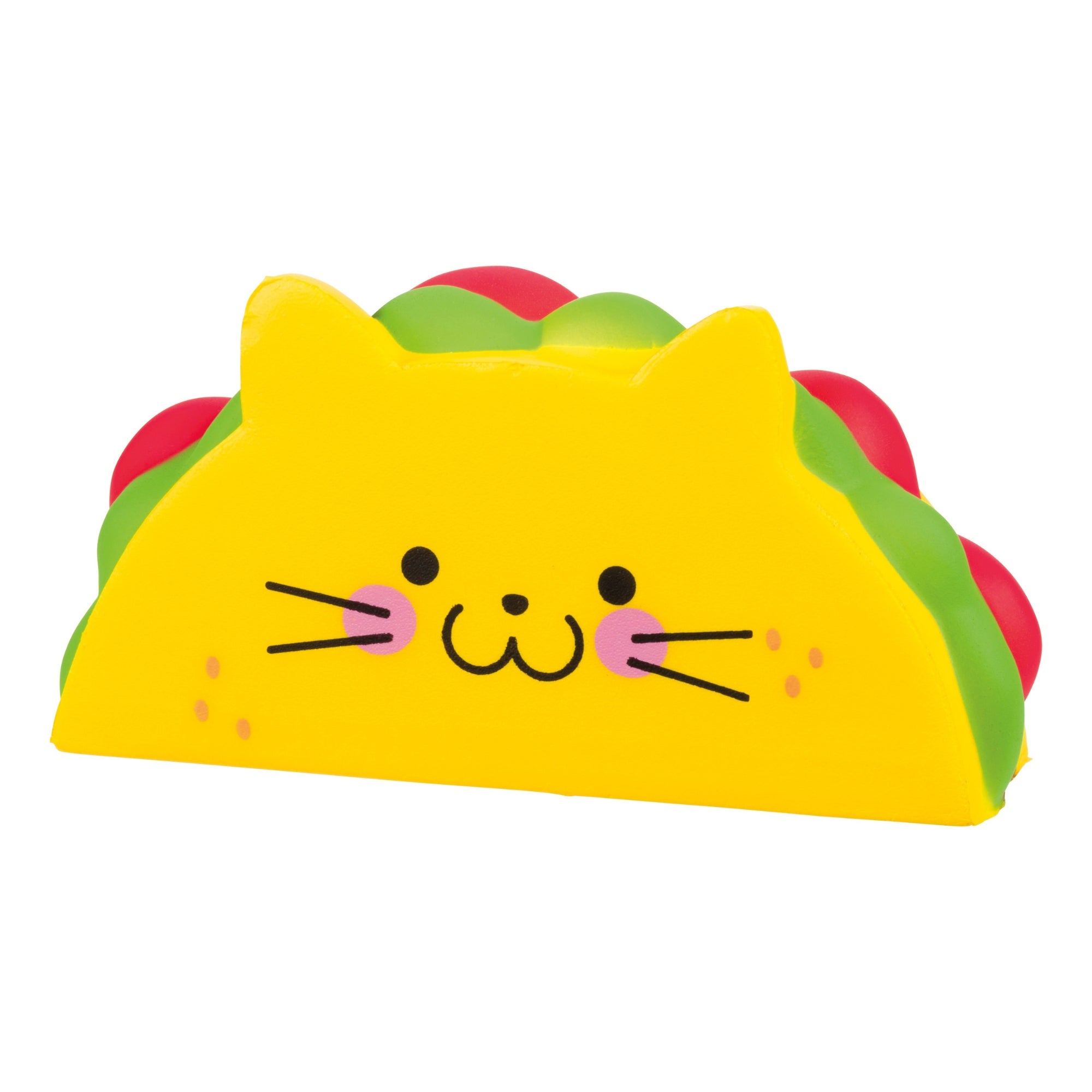The Toysmith Taco Cat Squishy by Toysmith is a bright yellow, taco-shaped toy with pointy cat ears, a cute face with whiskers and pink cheeks, plus green and red toppings along the top.
